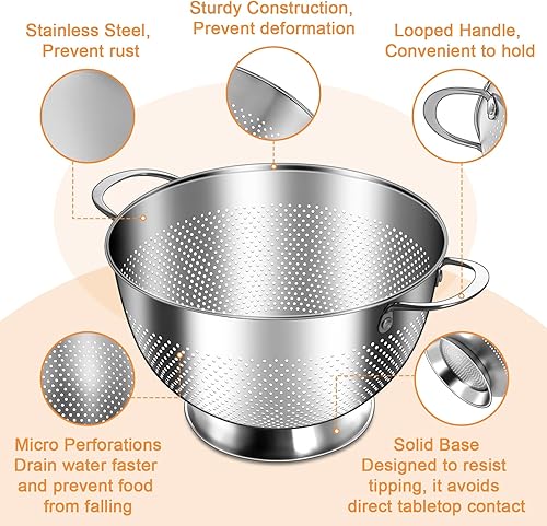 Miniatura 3 de Juego de 3 coladores de acero inoxidable (1.5-3-5 cuartos de galón) Colador duradero para arroz y pasta con asa Asas de gran tamaño Diseño