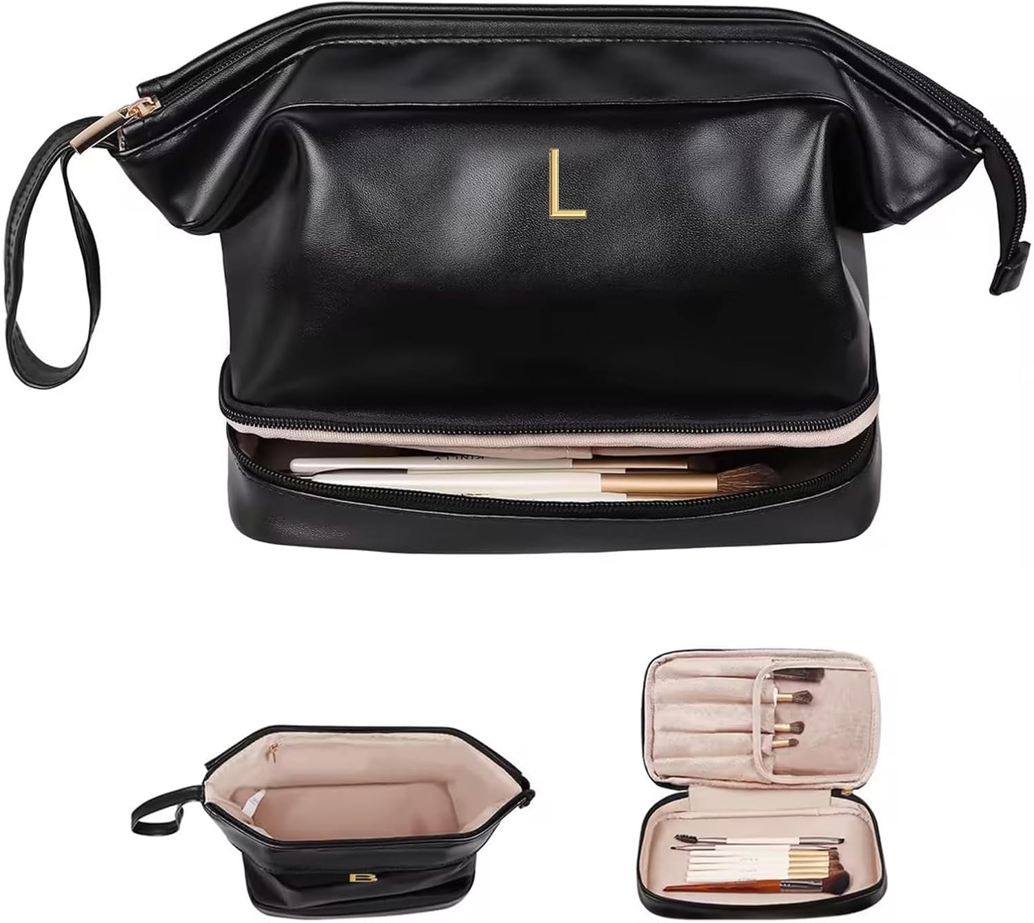 Gifts for Women-Initial Large Makeup Bag, Gift for Women Personalized Double Layer Cosmetic Bag with Makeup Brush Organizer, Teacher Gift, PU Leather Travel Toiletry Bag Graduation Gift