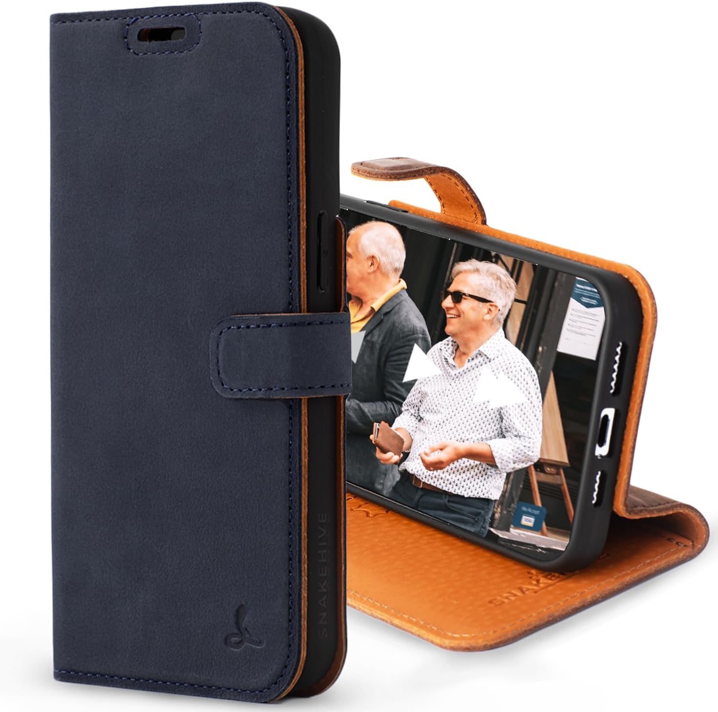 Snakehive Leather Wallet for iPhone 15 Pro Max - Real Leather Wallet Phone Case - Genuine Leather with Viewing Stand and 3 Card Holder - Flip Folio Cover with Card Slot (Navy)