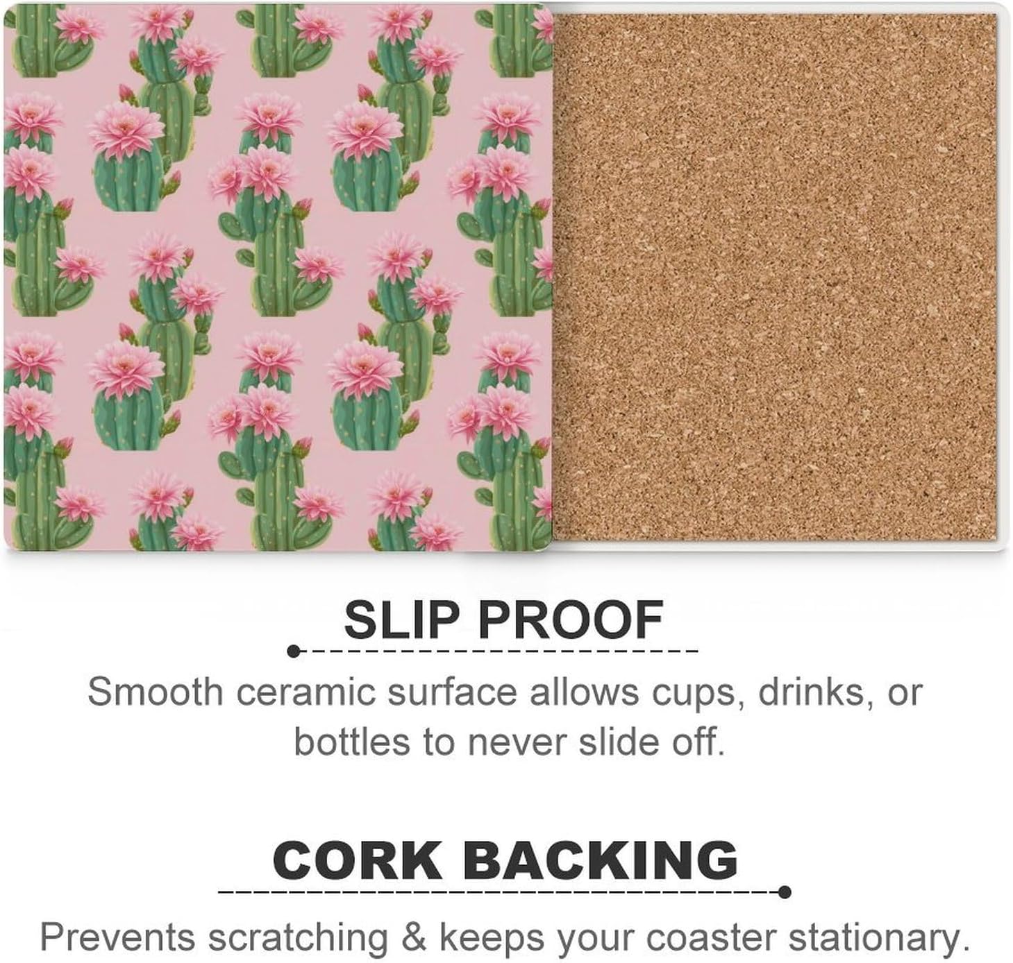 Tropical Cactus Flowers Coaster for Drinks Square Ceramic Table Coasters Stone Mat Crafts 4PCS Home Kitchen Decor