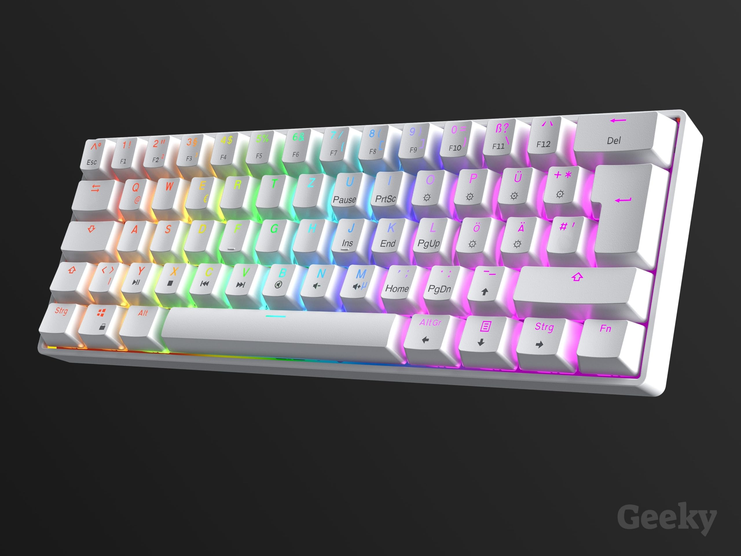 Geeky GK61 60% | Hot Swappable Mechaniczna Klawiatura Gamingowa | 62 Klawiszy Wielokolorowe RGB LED Podświetlenie dla Graczy na PC/Mac | ISO DE Qwertz Klawiatura Niemiecka (Biały, Mechanical Red)