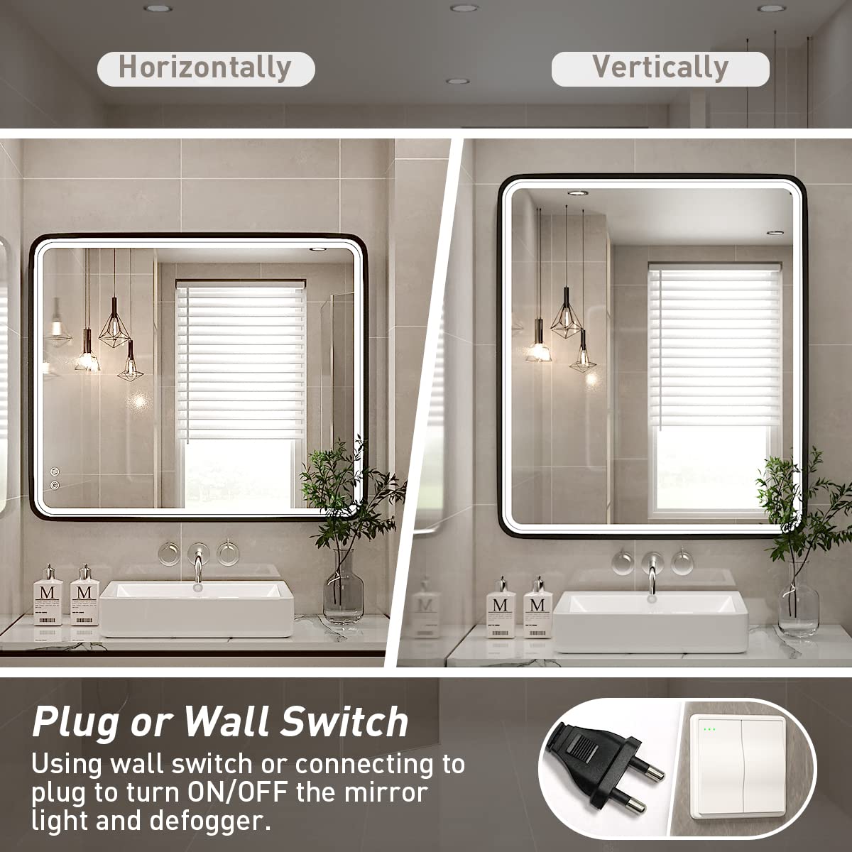 FTOTI 30X36 Inch LED Mirror for Bathroom,Black Metal Frame Lighted