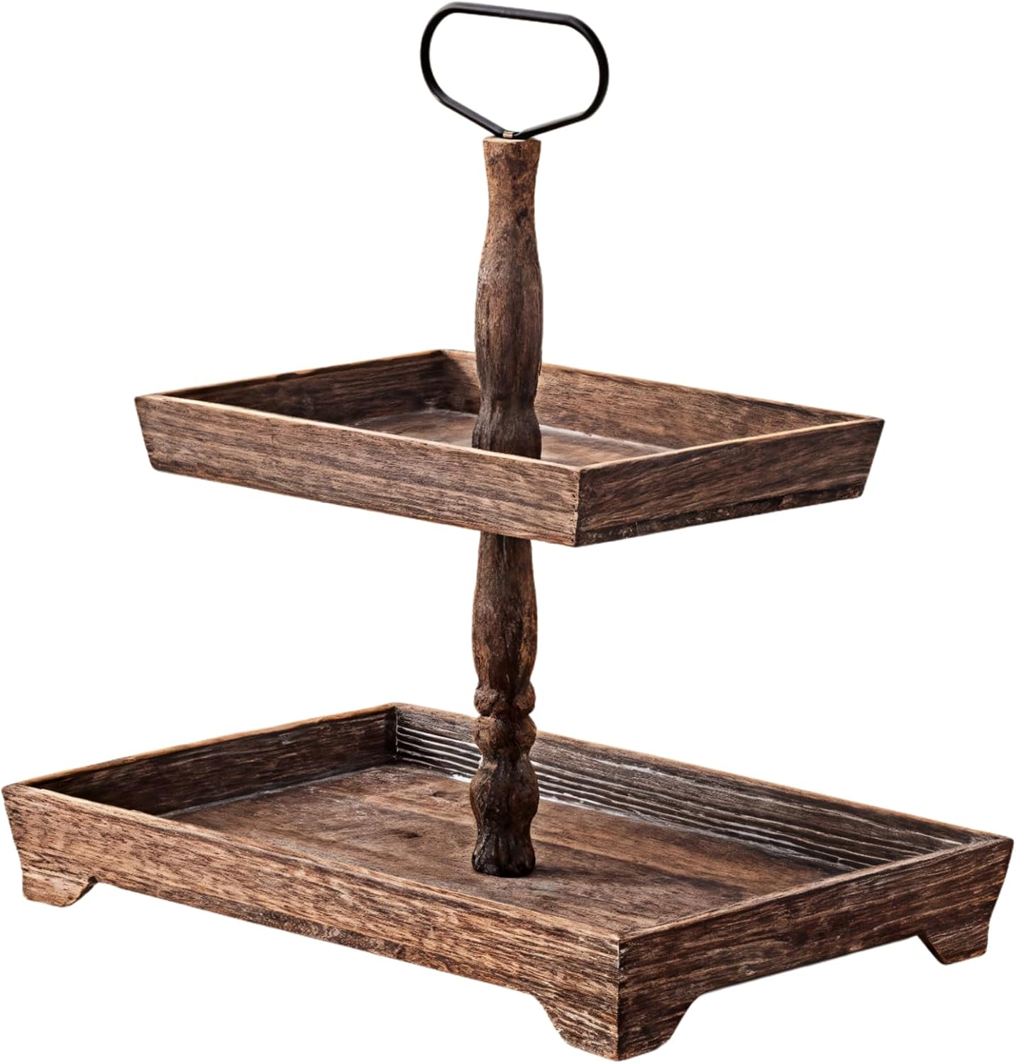 Vintage Charcoal 2-Tier Tray Stand, Wooden Serving Tray for Cupcakes, Bread, Fruits, Rustic Farmhouse Display for Home, Kitchen Decor