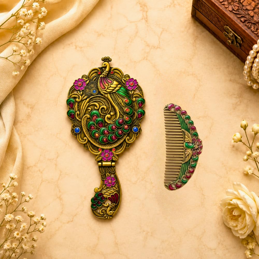 Antique Metal Vintage Peacock Hand Mirror and Comb Set - Ornate Floral Pattern Oval Vanity Mirror - Multicolour Handicraft Tabletop & Handheld Mirror for Makeup and Hair Care (Small)-image-32