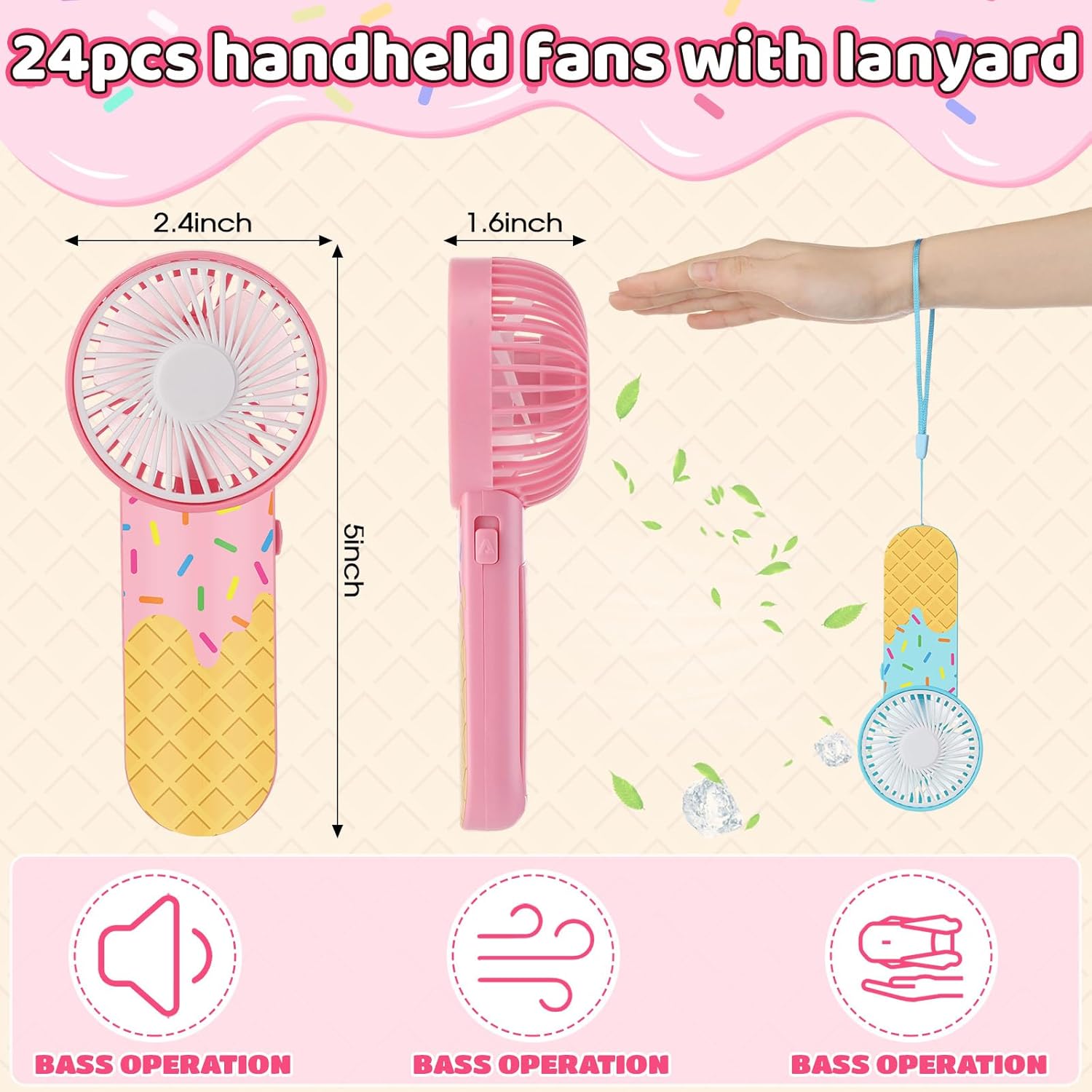 VIHOSE 24 Pcs Ice Cream Small Personal Portable Fan Mini Handheld Fan Bulk Small Fans Cute Fans for Guest Women Men Party Office Outdoor Travel Camping, Battery Not Include (Pink & Blue)