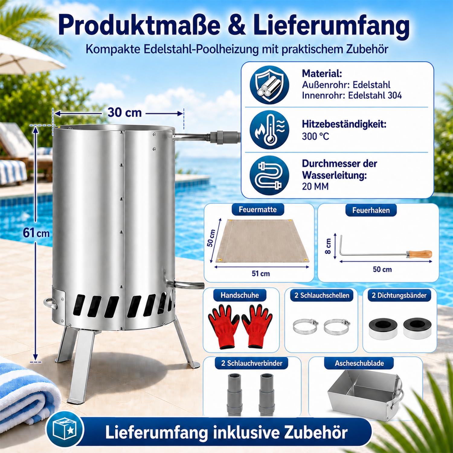 Ogrzewanie basenu z drewnem – spirala grzewcza ze stali nierdzewnej o średnicy 20 mm, ze stali nierdzewnej, do małych basenów (6-10 m³), Ø 32-38 mm, z szufladą na popiół i matą ogniotrwałą