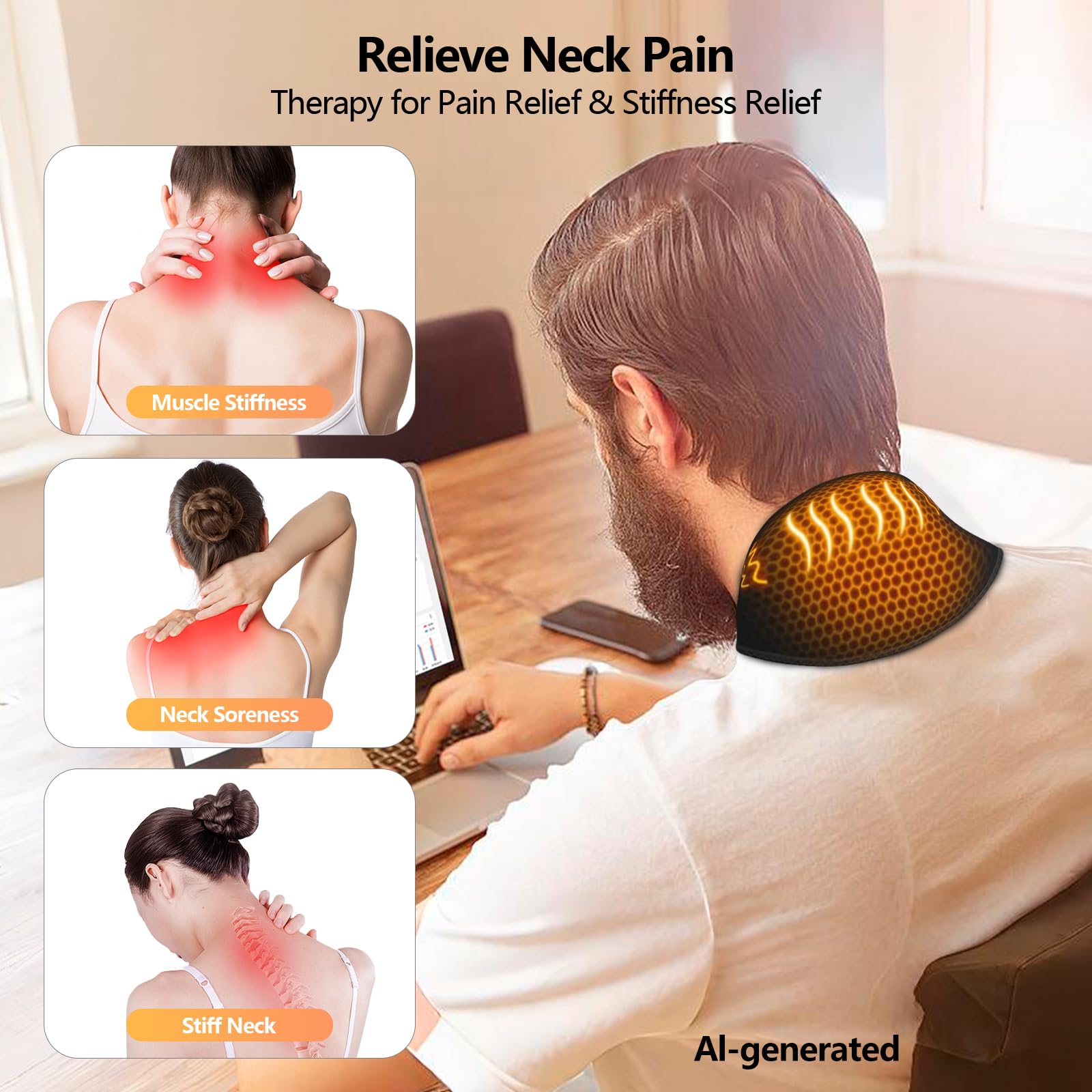 Almohadilla térmica inalámbrica para el cuello para aliviar el dolor, masajeador eléctrico USB con 3 ajustes de calor, alimentado por batería de 3000 mAh para una relajación muscular eficaz