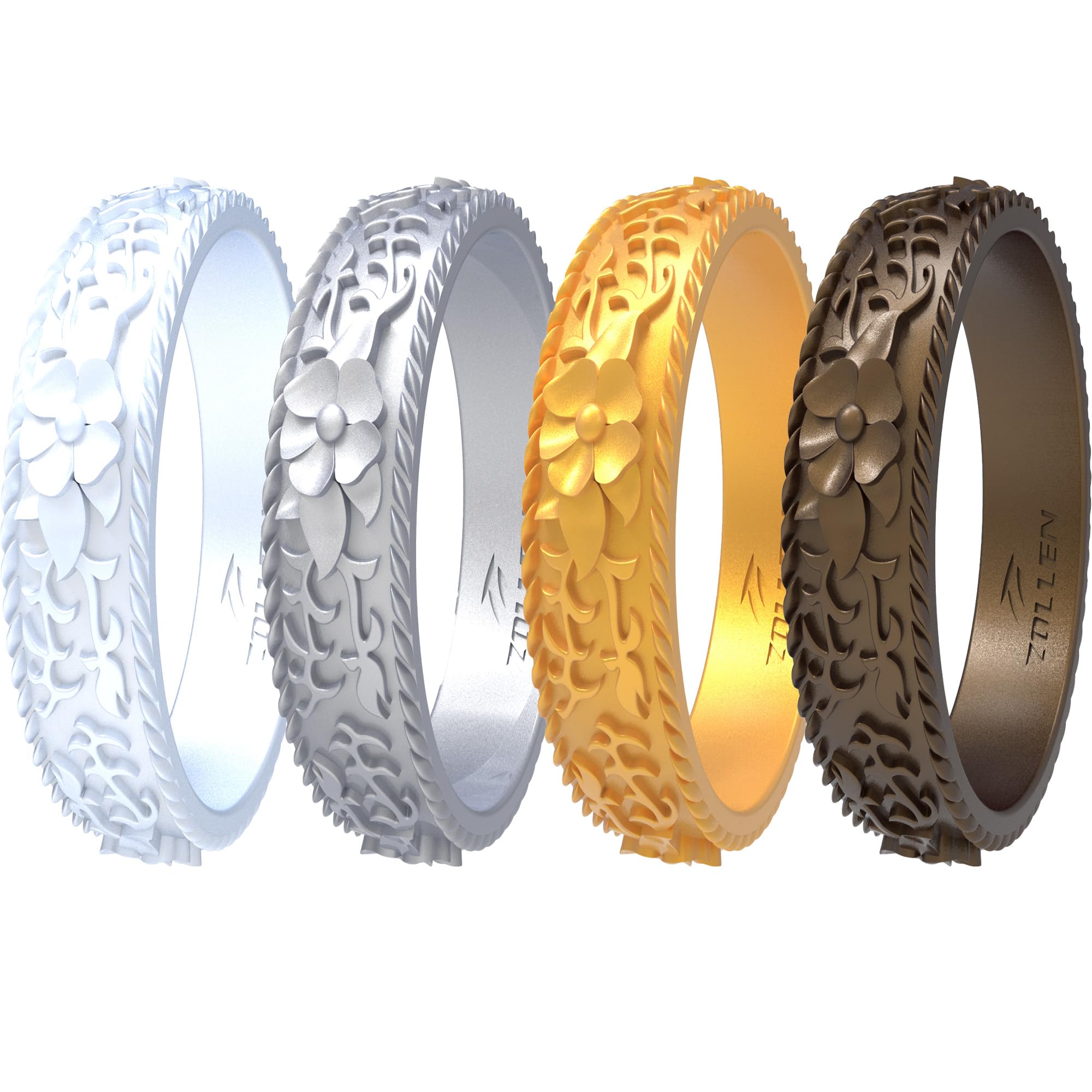 Silicone Wedding Rings for Women 1/4/7 Packs -Stackable Silicone Rubber Wedding Bands - Innovative Flower &amp; Vine Collection