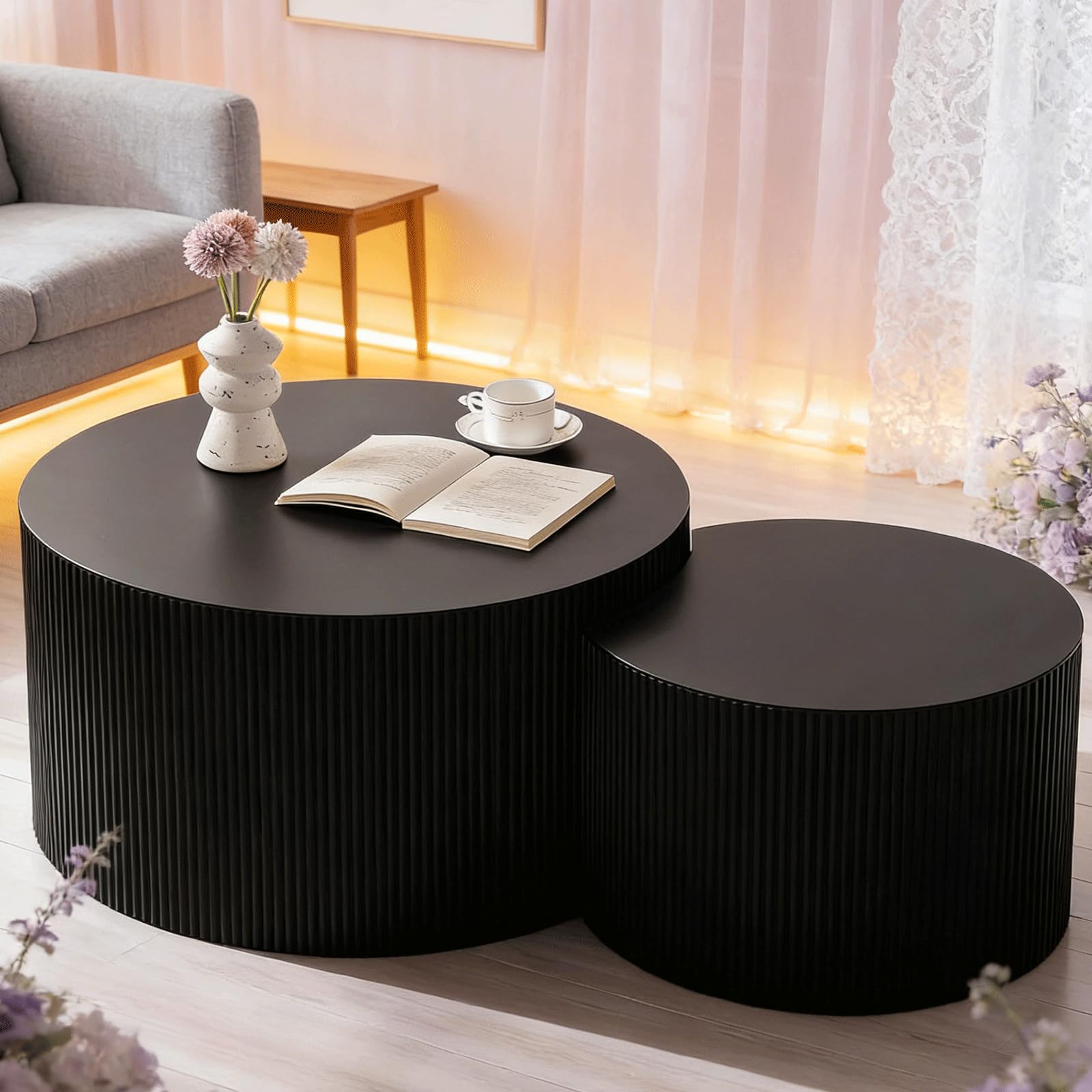 Wxnnx Black Fluted Round Nesting Coffee Table Set Of 2,Drum Crescent Side Table Accent Minimalist Center Tables For Living Room, Office No Assembly Required,