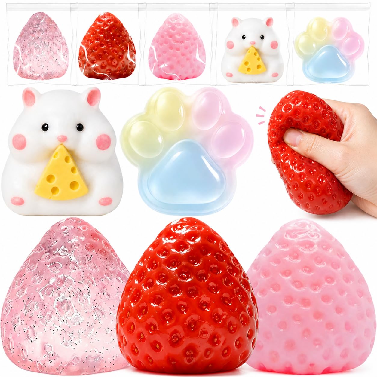 5PCS Strawberry Squishy Toys, Cute Fruit Squeeze Stress Relief Fidget Sensory Toys, Washable Sticky Squishies for Kids Adults, ADHD Anxiety Calming Desk Accessories, Birthday Party Favors Gifts