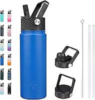 Vista 86 de BJPKPK - Botellas de agua aisladas con tapa con popote, botella grande de metal de 32 onzas con 3 tapas, termo reutilizable sin fugas y sin BPA