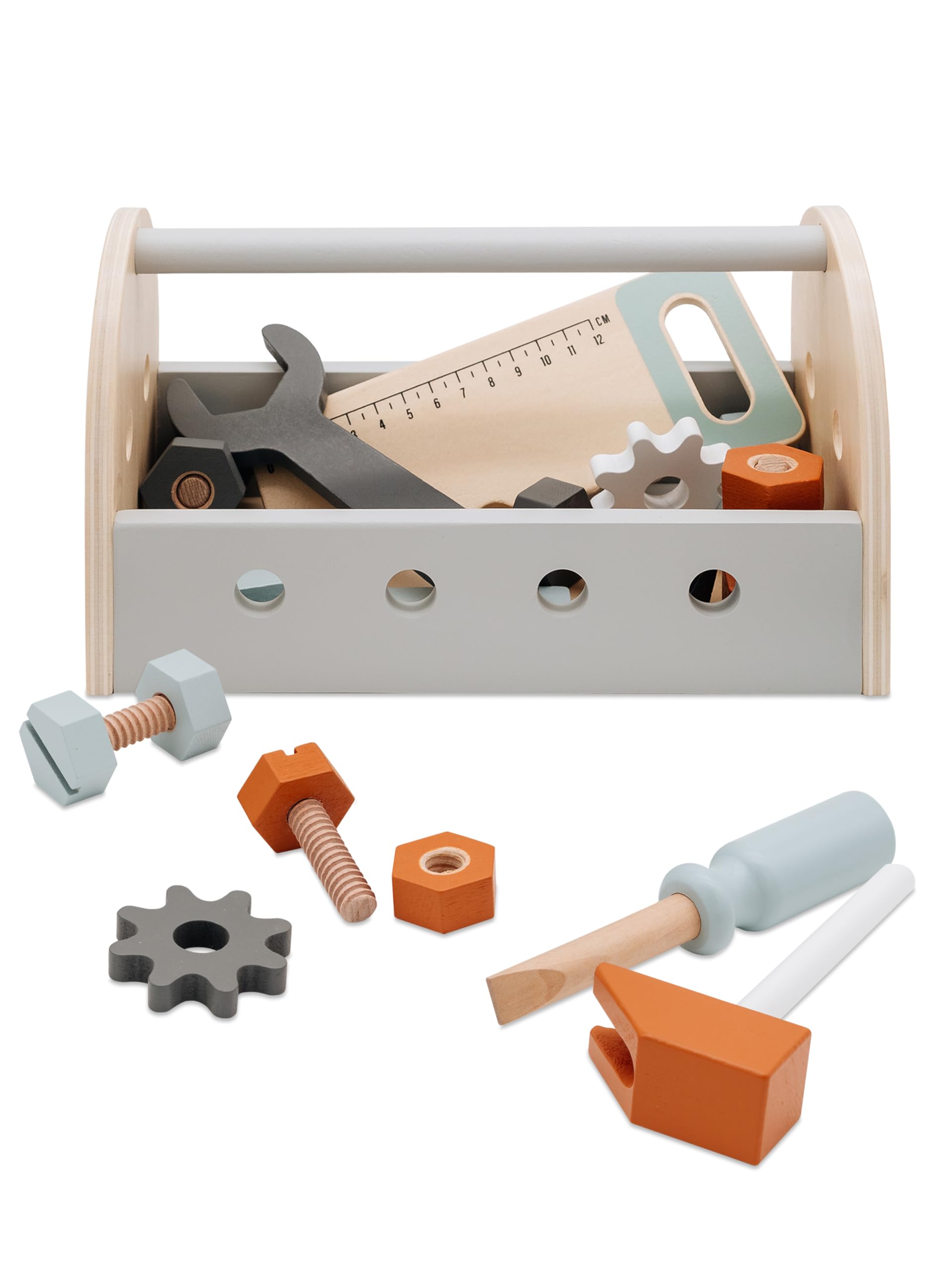wunderwunsch Tryco Kinder Werkzeugkasten Holz, Werkzeugkoffer als Geschenk, Werkzeugset für Kleinkinder zum Lernen, Motorikspielzeug personalisiert, individualisiert (ohne Name)