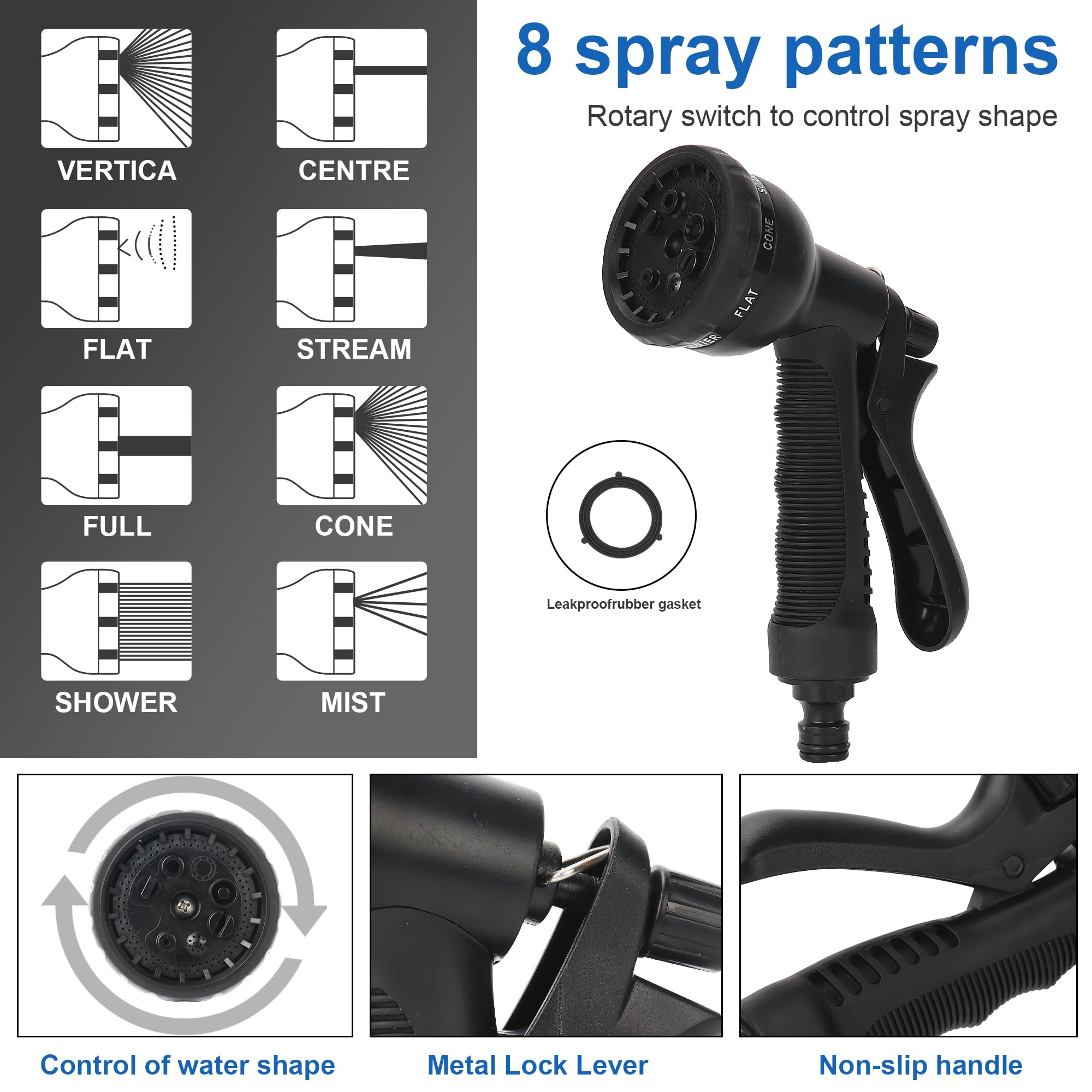 Tuyau d'Arrosage Flexible Rétractable en Métal - Pistolet Arrosoir 9 Fonctions - Connecteur en
