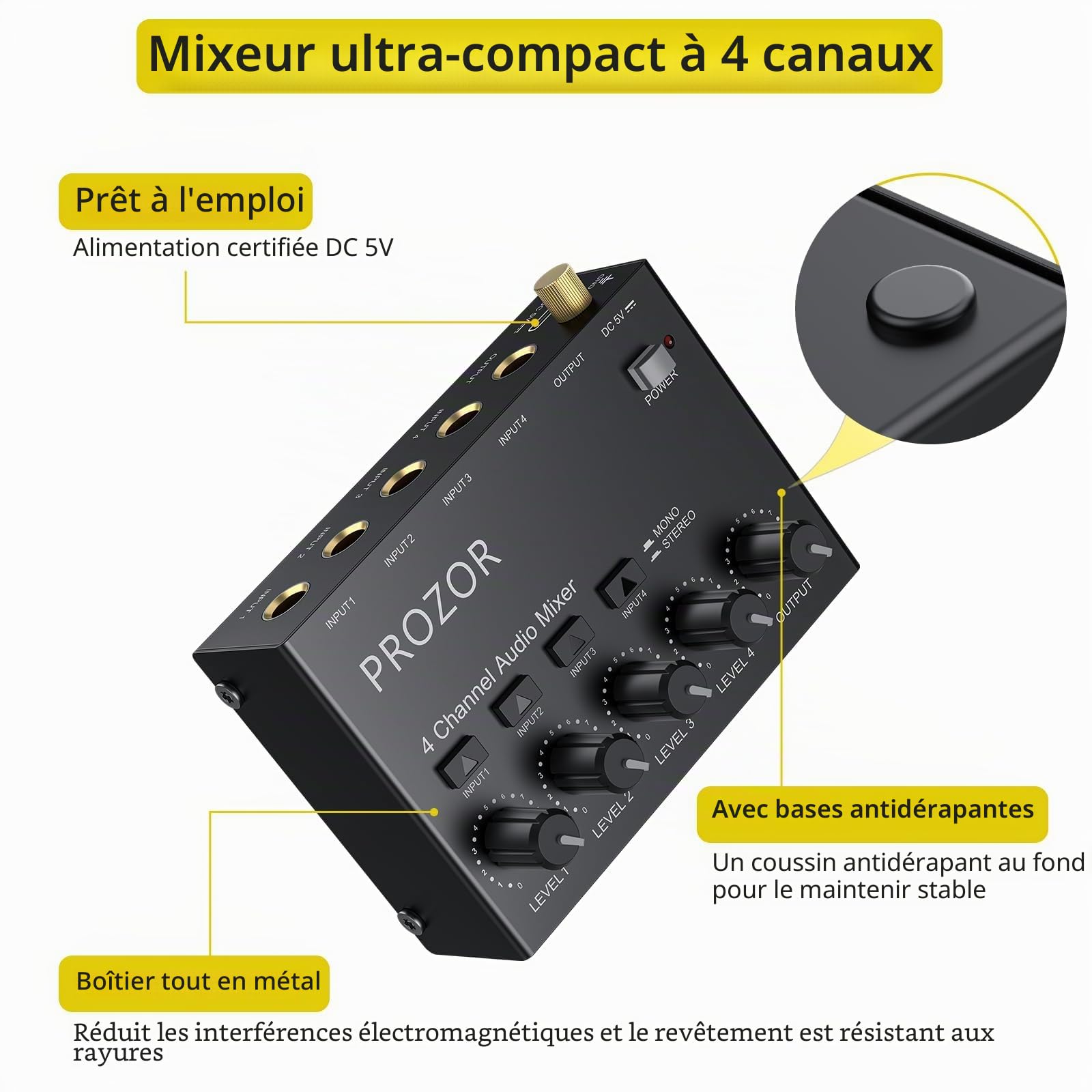 PROZOR Mélangeur Audio 4 Canaux 6.35mm Contrôle Volume Indépendant + Switch Mono/Stéréo USB-C Interrupteur Marche/Arrêt Boîtier Métallique Ultra-Faible Bruit Pour Home Studio Guitare Clavier Micro