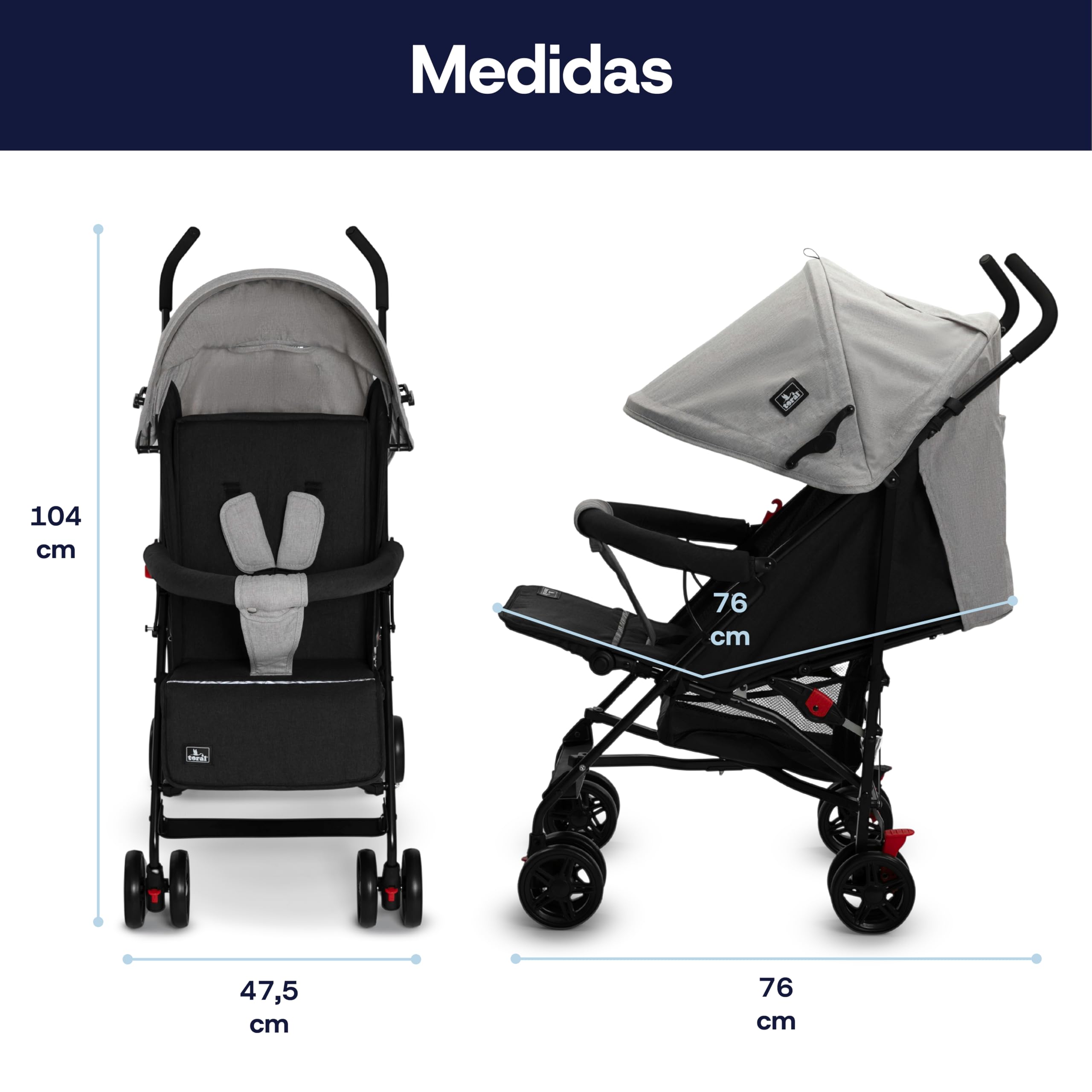 TORAL Silla de paseo ligera Florida para bebé, con respaldo reclinable 5 posiciones, capota XL, cinturón 3 puntos, 8 ruedas, silla paseo bebe desde 6 meses hasta 15 kg
