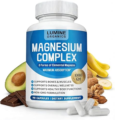 Lumine Organics Suplemento Complejo de Magnesio 1000mg - Mezcla avanzada de magnesio 8 en 1 - glicinato, citrato, malato, taurato, etc. Fórmula de