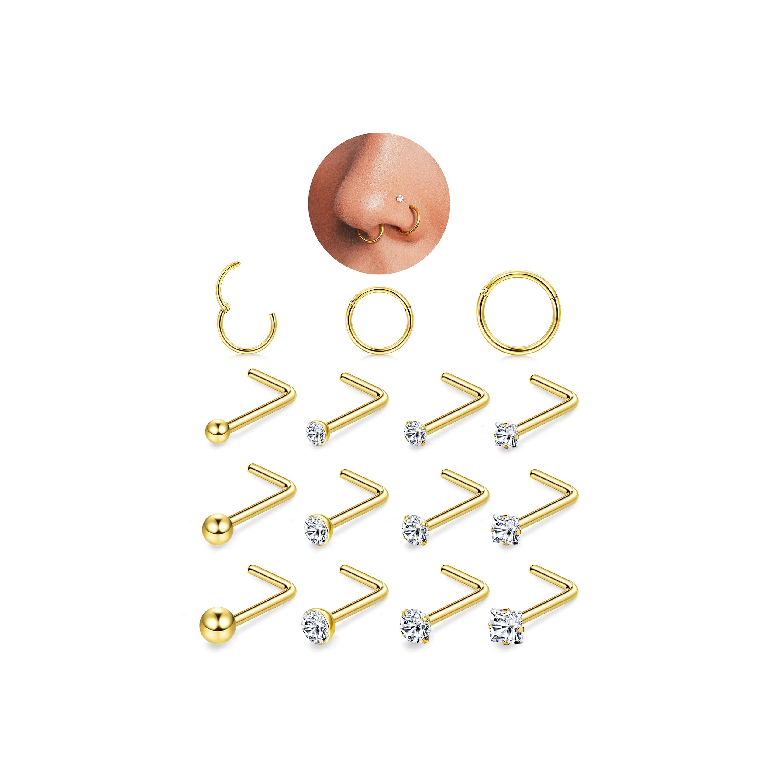 18G Nose Rings Hoops and 20G Nose Studs for Women Men -Hypoallergenic 316L Surgical Stainless Steel Clicker Hinged Segment Ball CZ Simulated Diamond Nostril Piercings Jewelry 15Pcs