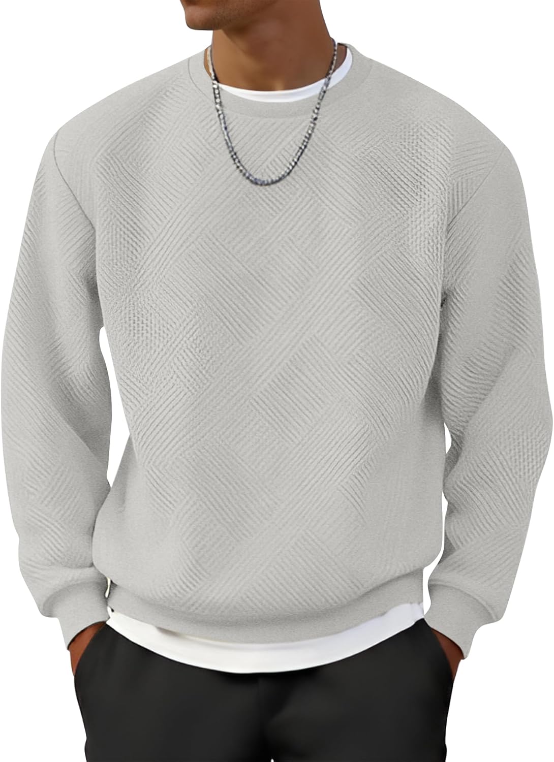 UOUA Men's Crewneck Sweatshirt Jacquard Texture Pullover Casual Long Sleeve Shirt for Fall Winter