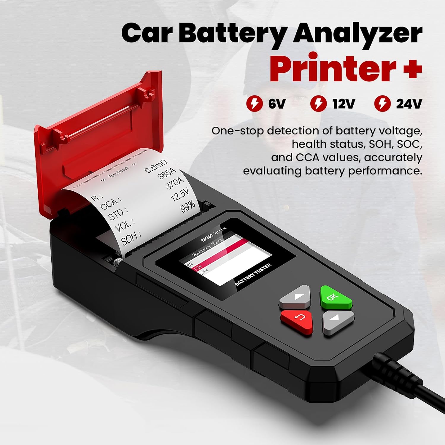 Golf Cart Battery Meter 12V 24V 36V 48V 60V 72V + Battery Tester with Built-in Printer 6V/12V/24V