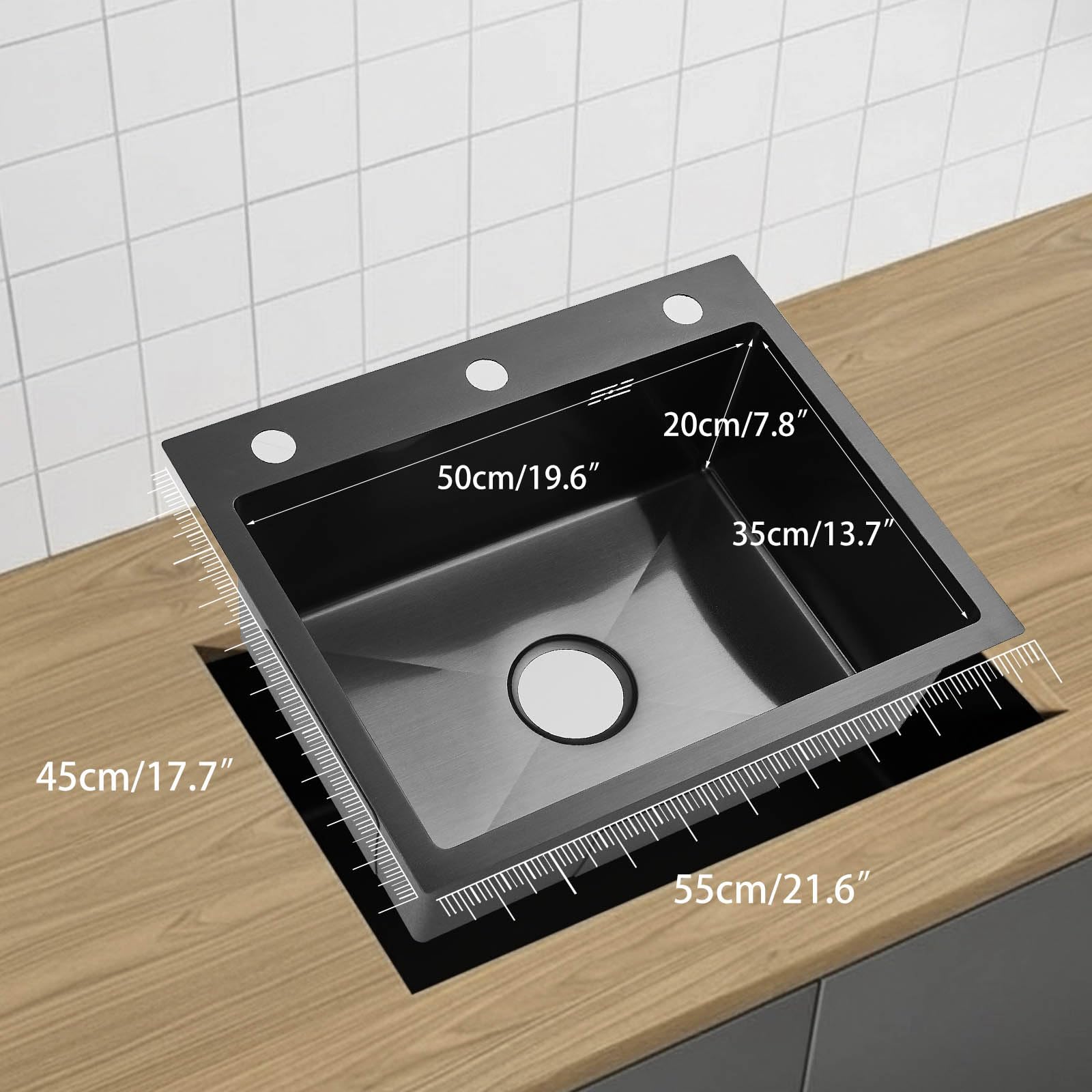 Evier Inox avec Egouttoir et évier mobile,lavabo cuisine avecavec Trous pour Robinets et Distributeur de Savon Panier à vaisselle 1 pc55*45 * 20cm Noir