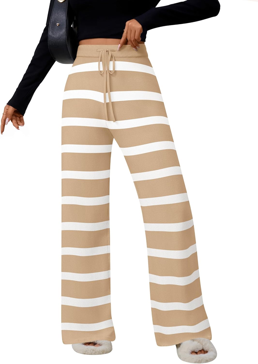 ZESICA Womens Casual Striped Wide Leg Pants Elastic Waist Drawstring Knit Loose Soft Pajama Lounge Pants Fall Clothes Sand Large