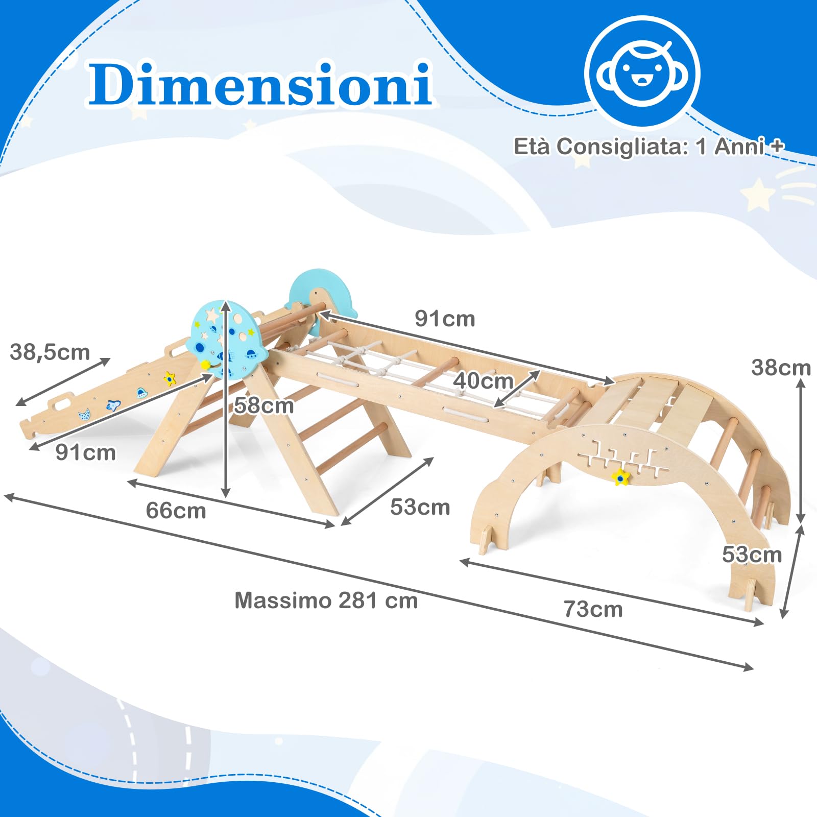 COSTWAY Set da Arrampicata in Legno per Bambini, Giocattoli Montessori 8 in 1 con Triangolo Arco Rampa e Corda, Naturale