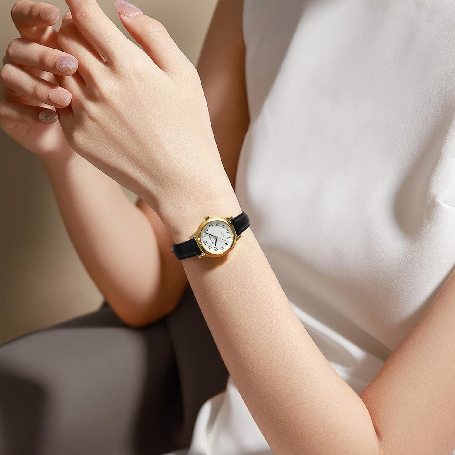 PINDOWS Minimalist Watches for Women, Gold-Tone Case with Black Leather Strap, Fashionable, Everyday Elegant Quartz Analog Dress Watch - Image 7