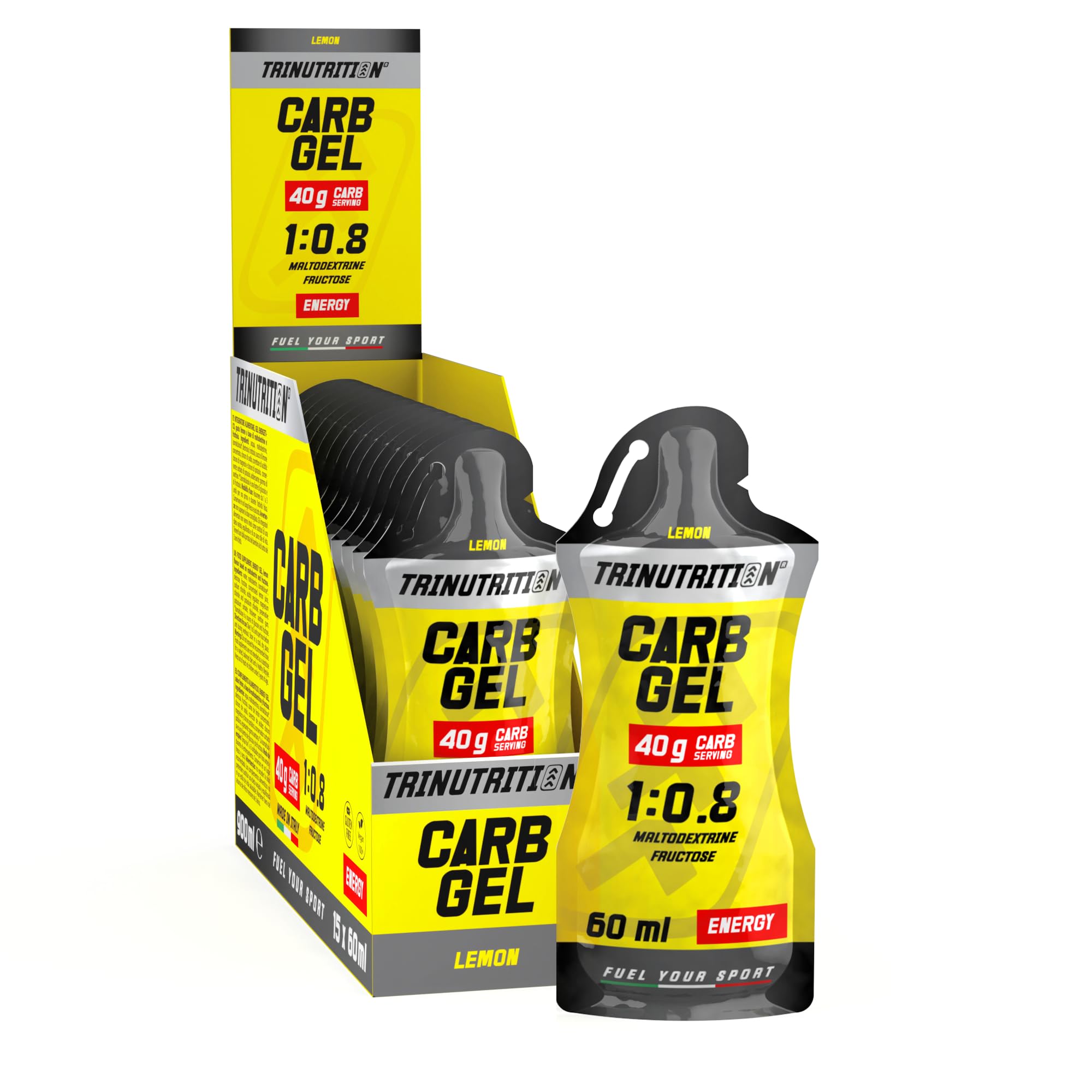CARB GEL 15 x 60ml – Gel Énergétique Citron – 40g Glucides par Dose – Ratio 1:0,8 Maltodextrine & Fructose – Endurance, Vélo, Course, Trail – Vegan & Sans Gluten