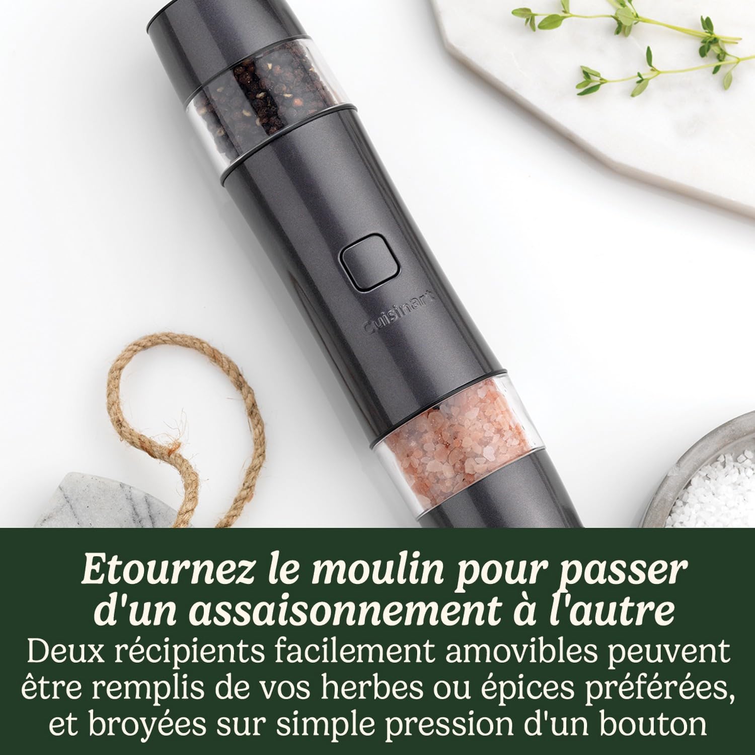 Cuisinart Moulin à sel et à poivre électrique - Moulin à assaisonnement rechargeable - Aucune pile requise, chargement en 20 minutes - Capuchon doseur - Réglages de mouture ajustables - Bleu