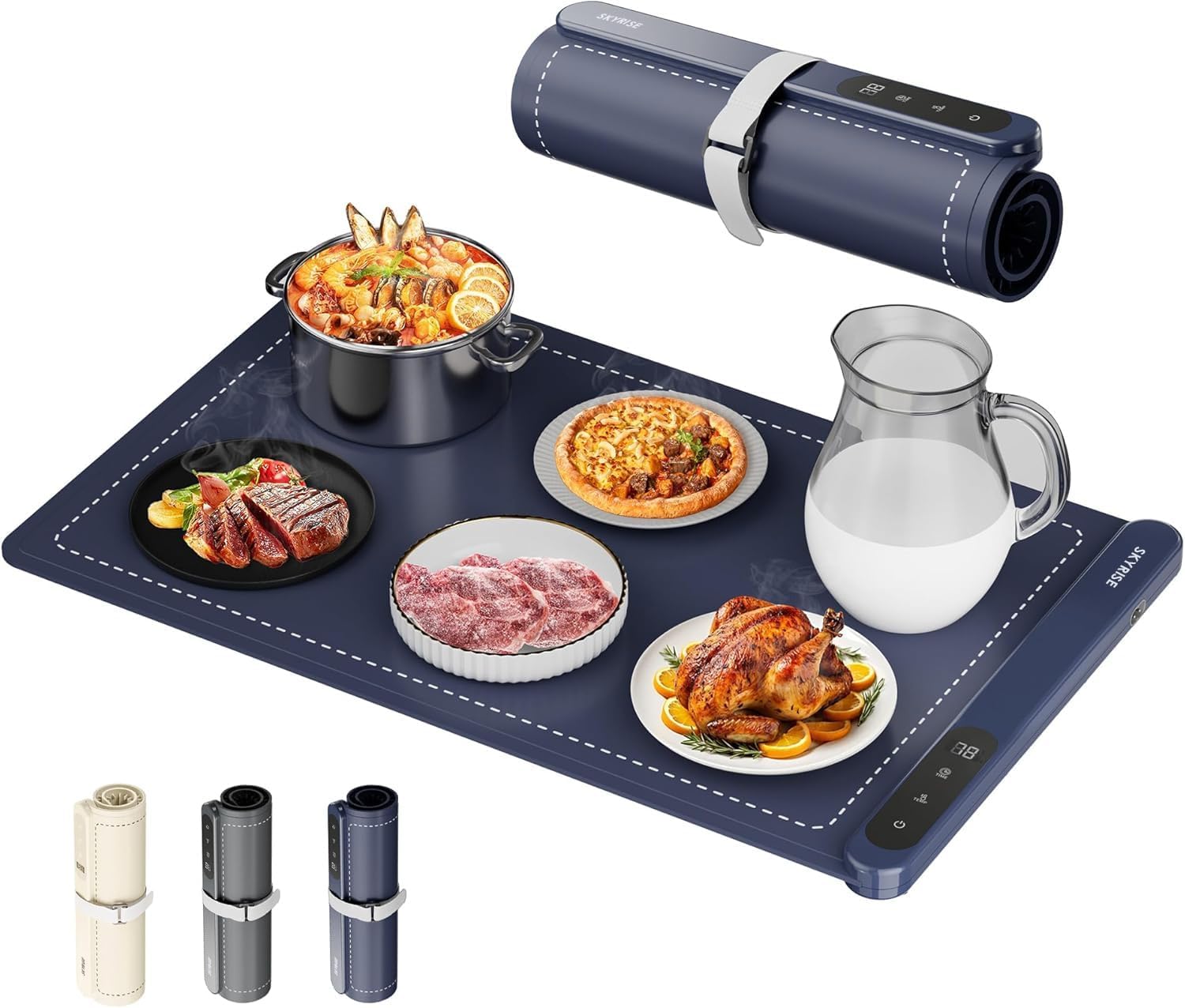 GRAPHENE Food Warming Mat, [122℉ to 212℉ Full Surface Rapid Heating] Electric Warming Tray, 6 Level Temp Setting W/Timer, Portable Silicone Food Warmers for Parties Buffet 23.6″ x 14.6″, Navy