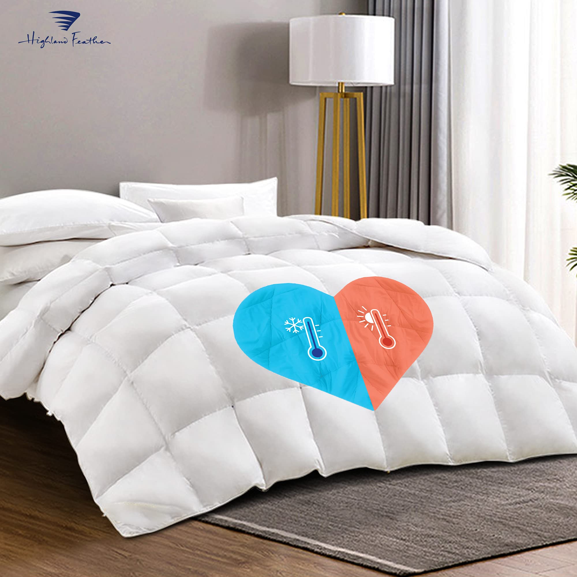 Highland Feather Dual Zone Hungarian White Goose Down Comforter - Ultra Soft Dual Duvet Insert - Perfect for Couples -Left Right Warm & Cool Zone - 500TC & 750 Loft.
