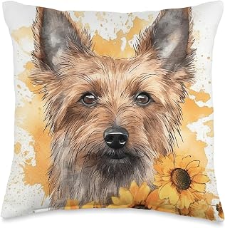 Australian Terrier Dog Watercolor Sunflower Throw Pillow