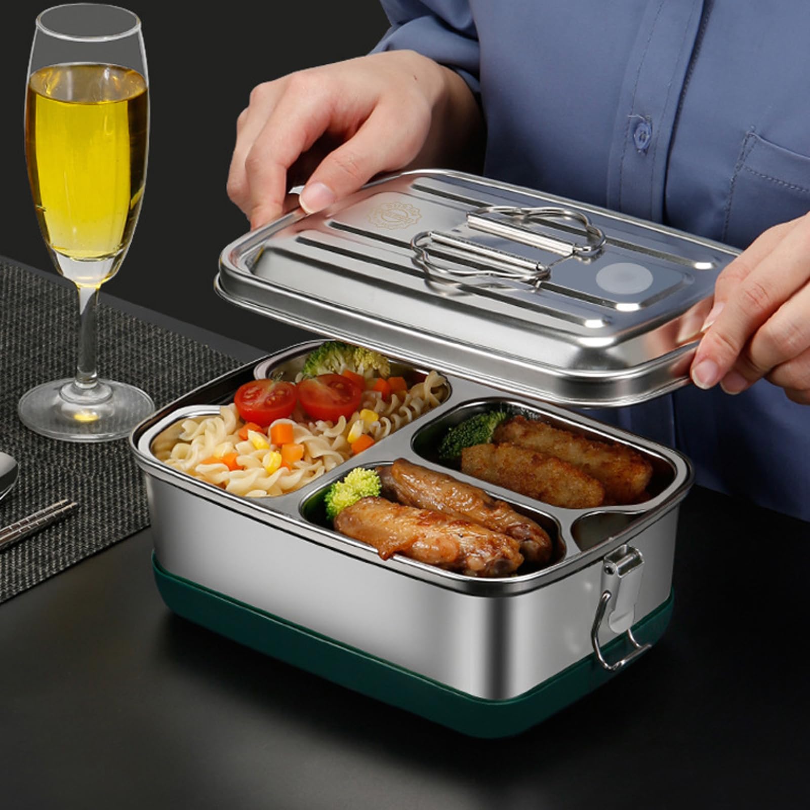Lonchera de acero inoxidable de doble capa con compartimentos, contenedor de alimentos a prueba de fugas para adultos y niños