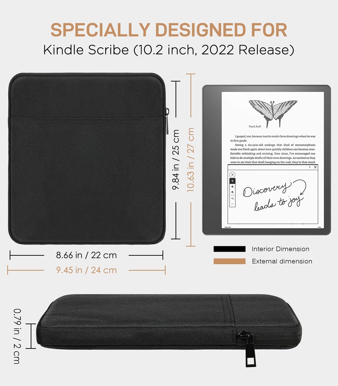 Moko Kindle Sleeve Compatible with Kindle Scribe 10.2 inch (2024 and 2022 Release), Protective Pouch Bag Case Cover with Dual Pockets and Pen Holder, Scratch-Resistant Soft Fluffy Lining, Black
