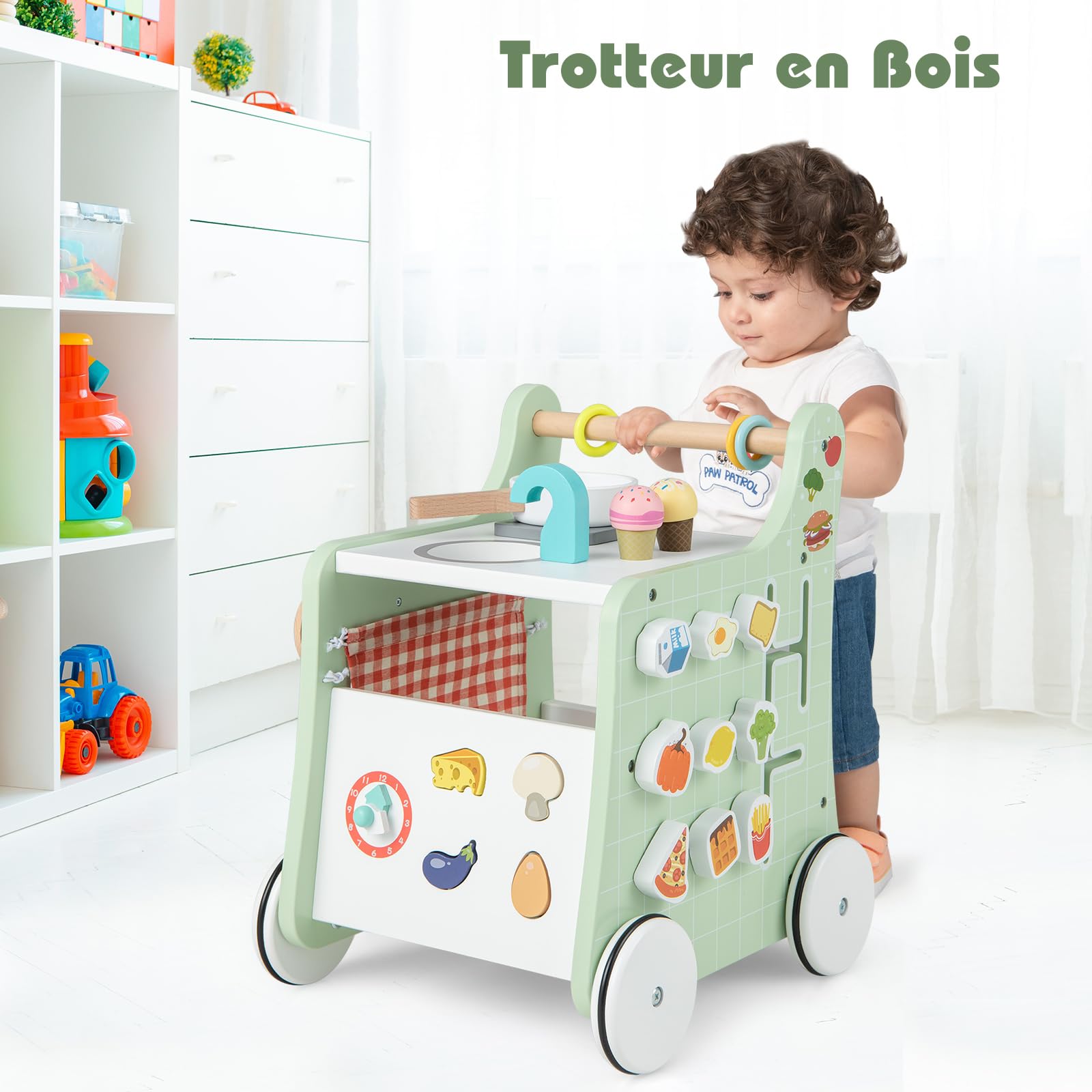 COSTWAY 6 en 1 Chariot de Marche en Bois avec Thème de Cuisine & 9 Accessoires, Marcheur D'Apprentissage Bébé avec Rideau & Horloge, Espace de Rangement Intérieur, Trotteur Bébé de 12 Mois+