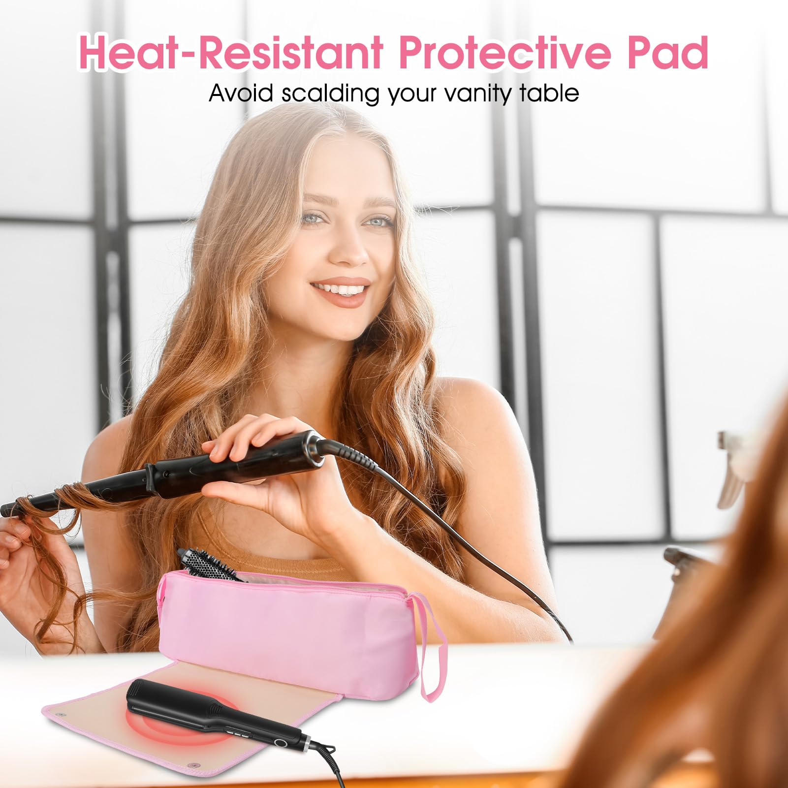 Gugxiom Borsa da viaggio per acconciature con base resistente al calore, borsa 2 in 1, grande capacità per arricciacapelli, piastre per capelli, asciugacapelli e spazzole ad aria calda (rosa)