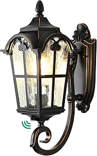 EDISHINE Dusk to Dawn Outdoor Wall Light Fixtures, Black Roman 17" Porch Lights with Water Ripple Glass, Waterproof Wall Sconce, Exterior Wall Lantern for Porch, Garage, Patio, E26 Socket, ETL Listed
