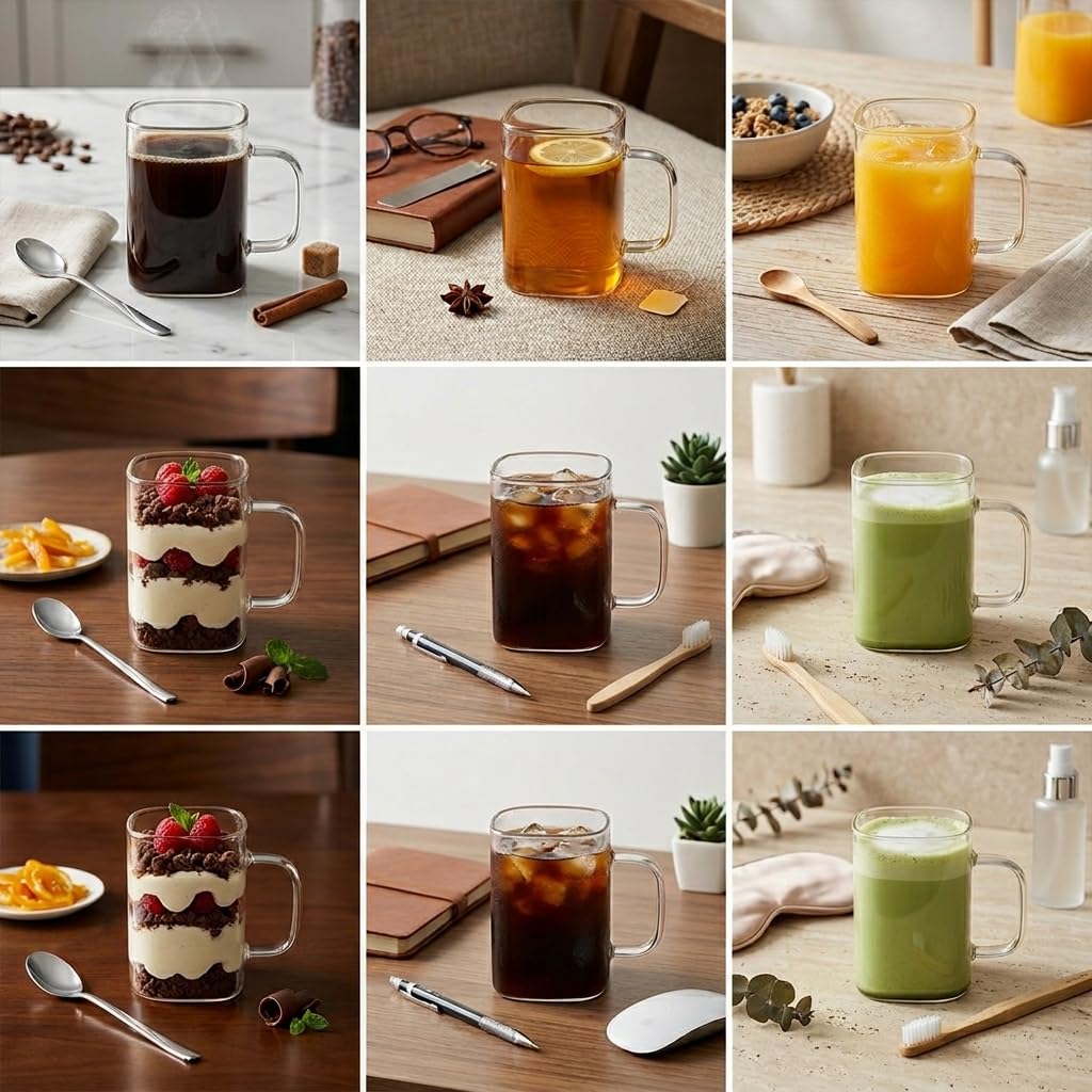 Deconox 6 Adet Kare Cam Kupa Seti - Kulplu Isıya Dayanıklı Çay, Kahve, Espresso ve Meşrubat Bardağı Takımı (230 ml)