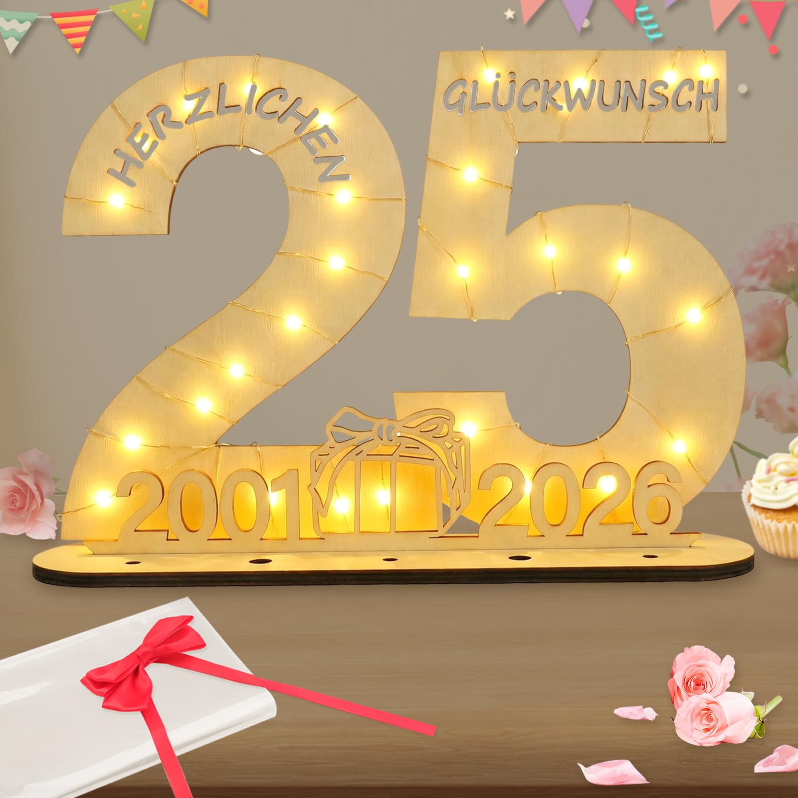 Seutgjie Originelle Geschenk 25 Geburtstag Frau Mann 2001-2026, 25 Jubiläum Silberhochzeit Deko, Holzschild 25 Geburtstag Deko, Geldgeschenke Geburtstag 25 mit LED Lichterkette Geschenkpapier