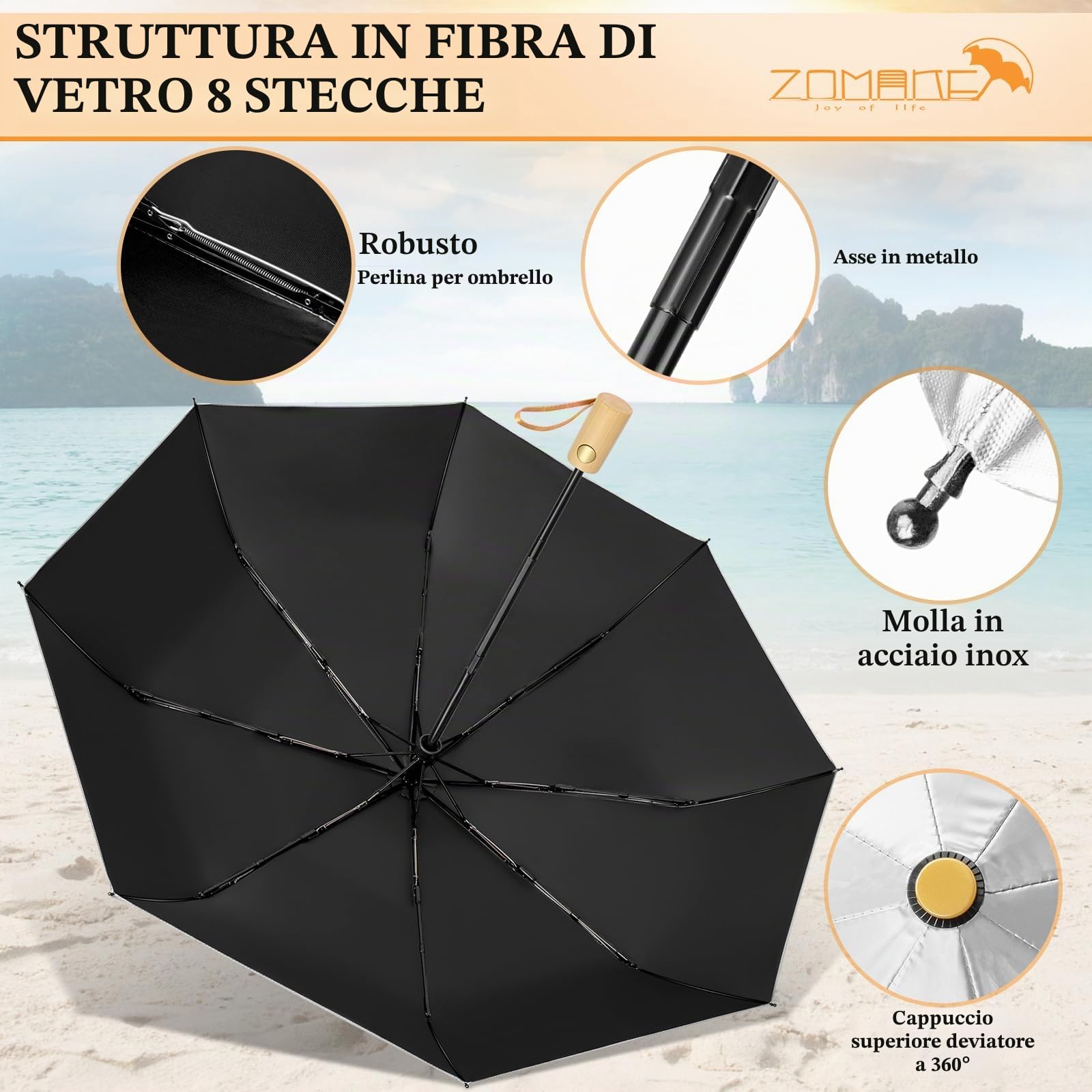 ZOMAKE Ombrello Parasole Anti Uv,Ombrelli Pioggia Pieghevole Antivento Automatica,Umbrello Compatto Da Sole Con Manico In Legno Per Uomo Donna