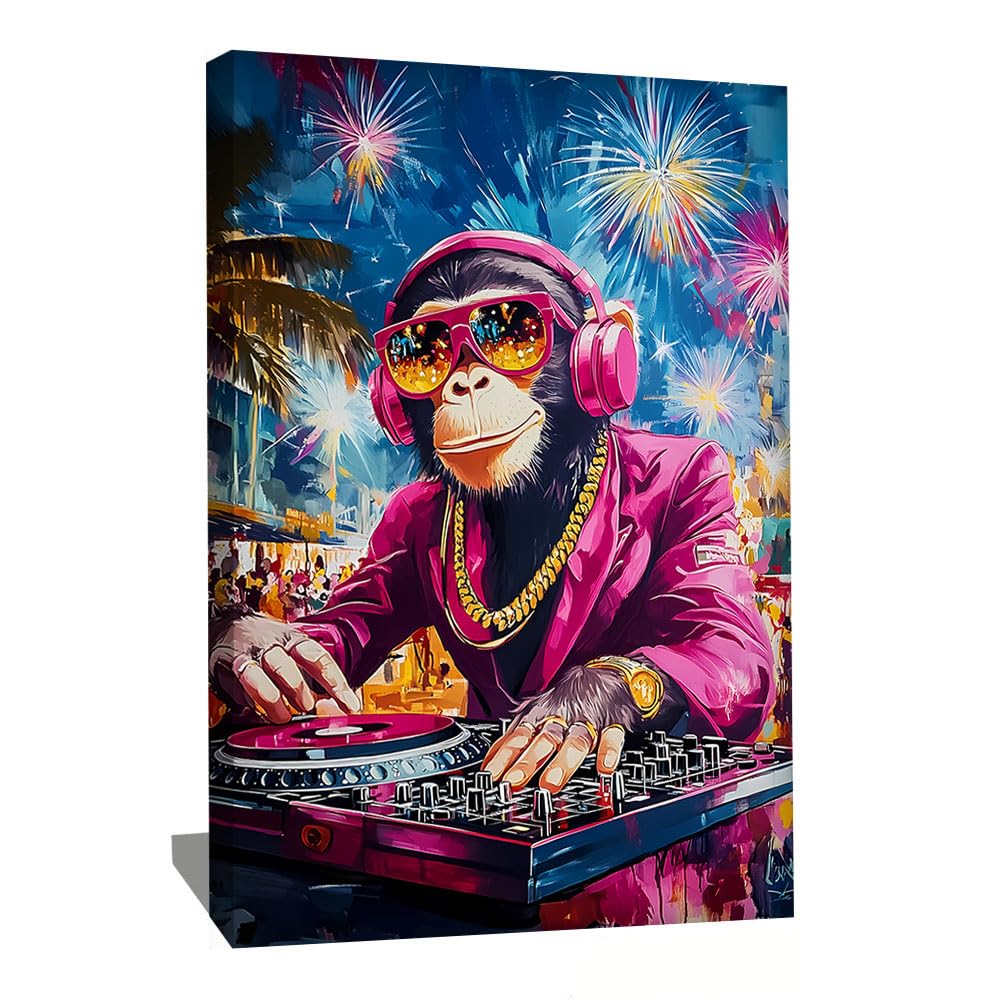 Quadro scimmia Dj - Poster decorativo murale umoristico - Stampa su tela Pop Art - Quadro Street Art di grande formato - Decorazione da parete con animali - Tela astratta moderna (80 x 60 cm)