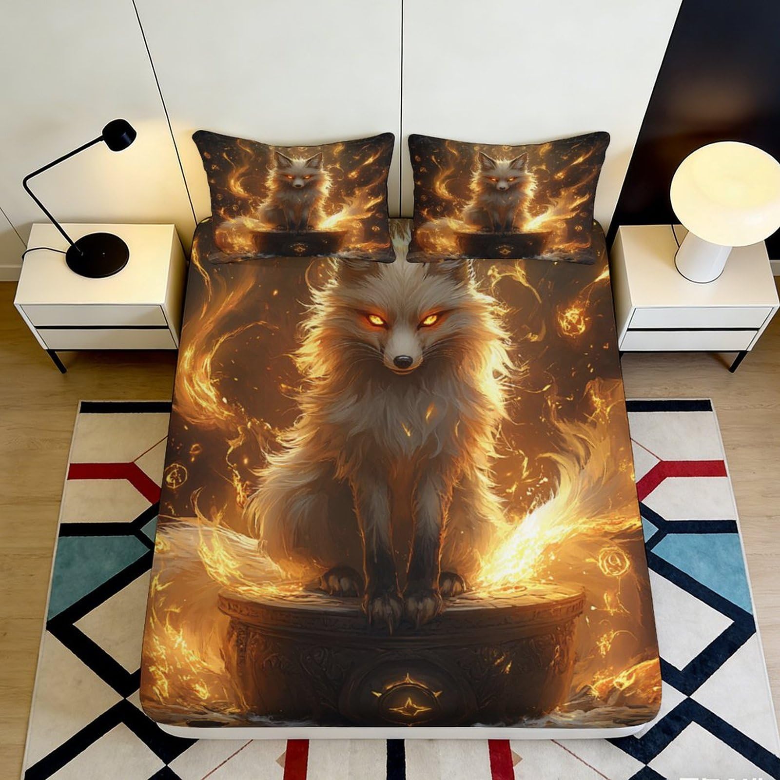3D Printed Fiery Fox Fitted Sheet Microfiber Soft Anti-Slip Mattress Cover for Bedroom Dorm Youth Decor 90x200x25cm