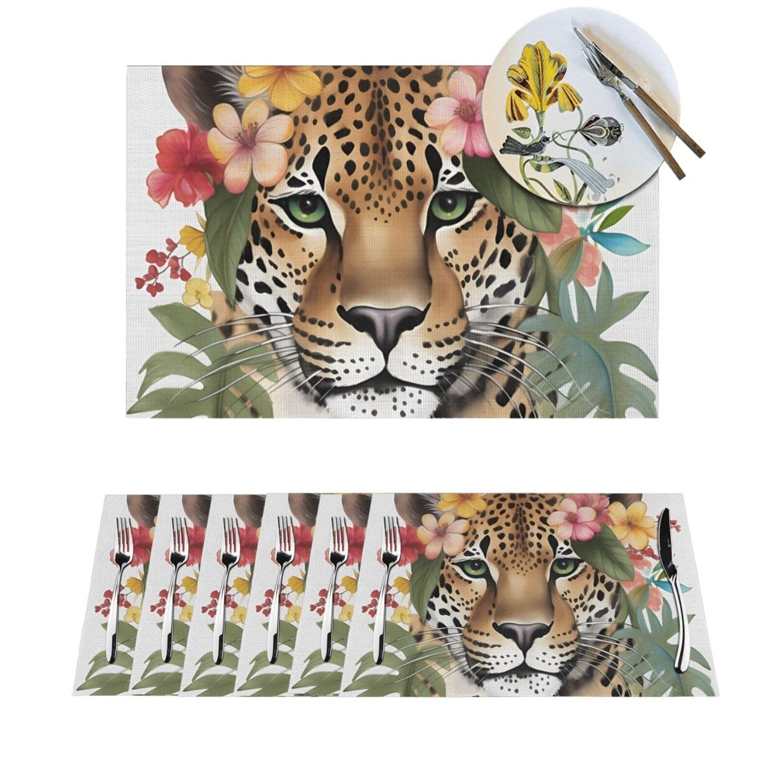 Set de table léopard et fleurs tissé et antidérapant pour table de salle à manger