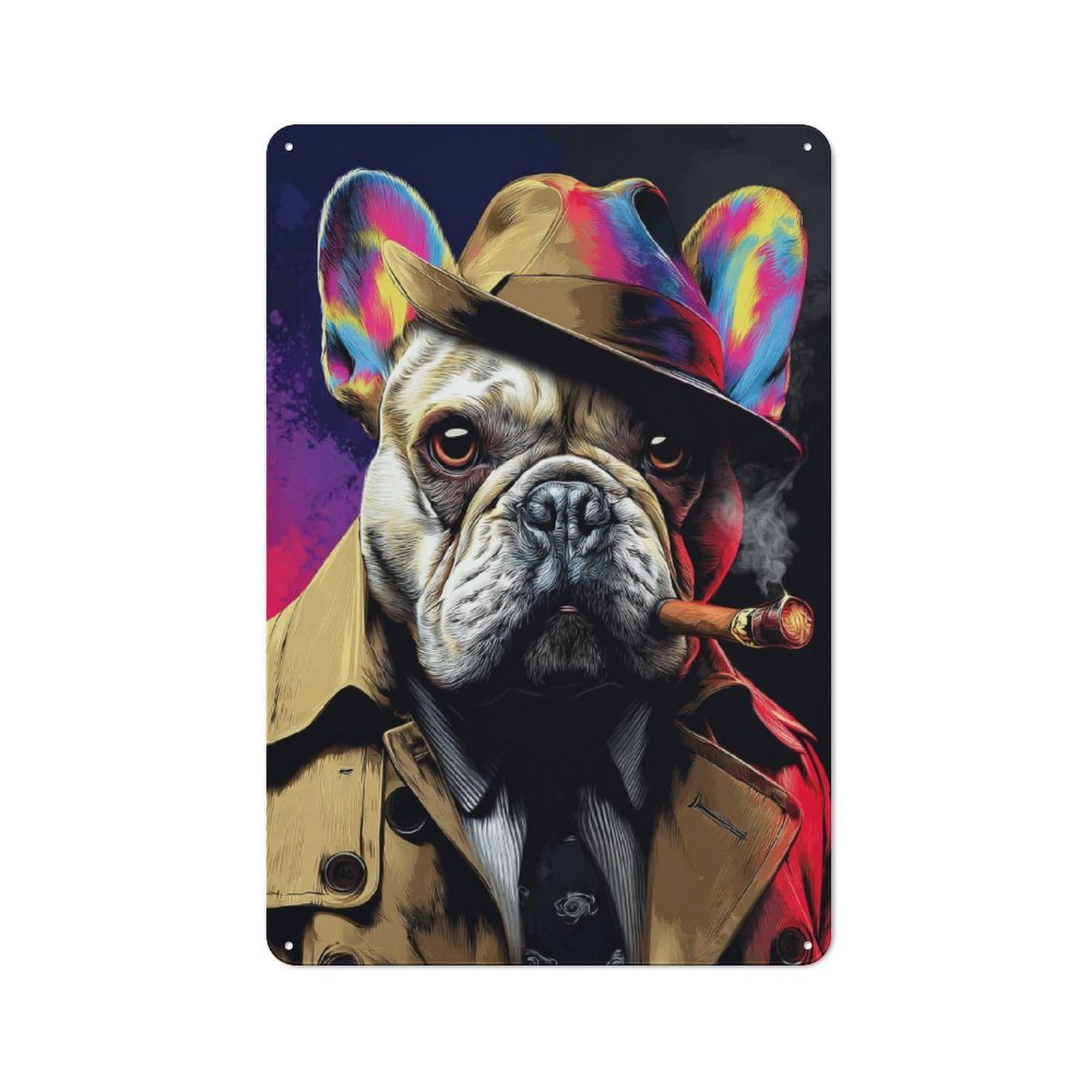 Junmoney Stylish Bulldog In Trench Coat Rustic Metal Wall Sign 30X20cm Featuring For Pub Or Café, For Vintage Wall Decor Fans, For Metal Sign Collectors