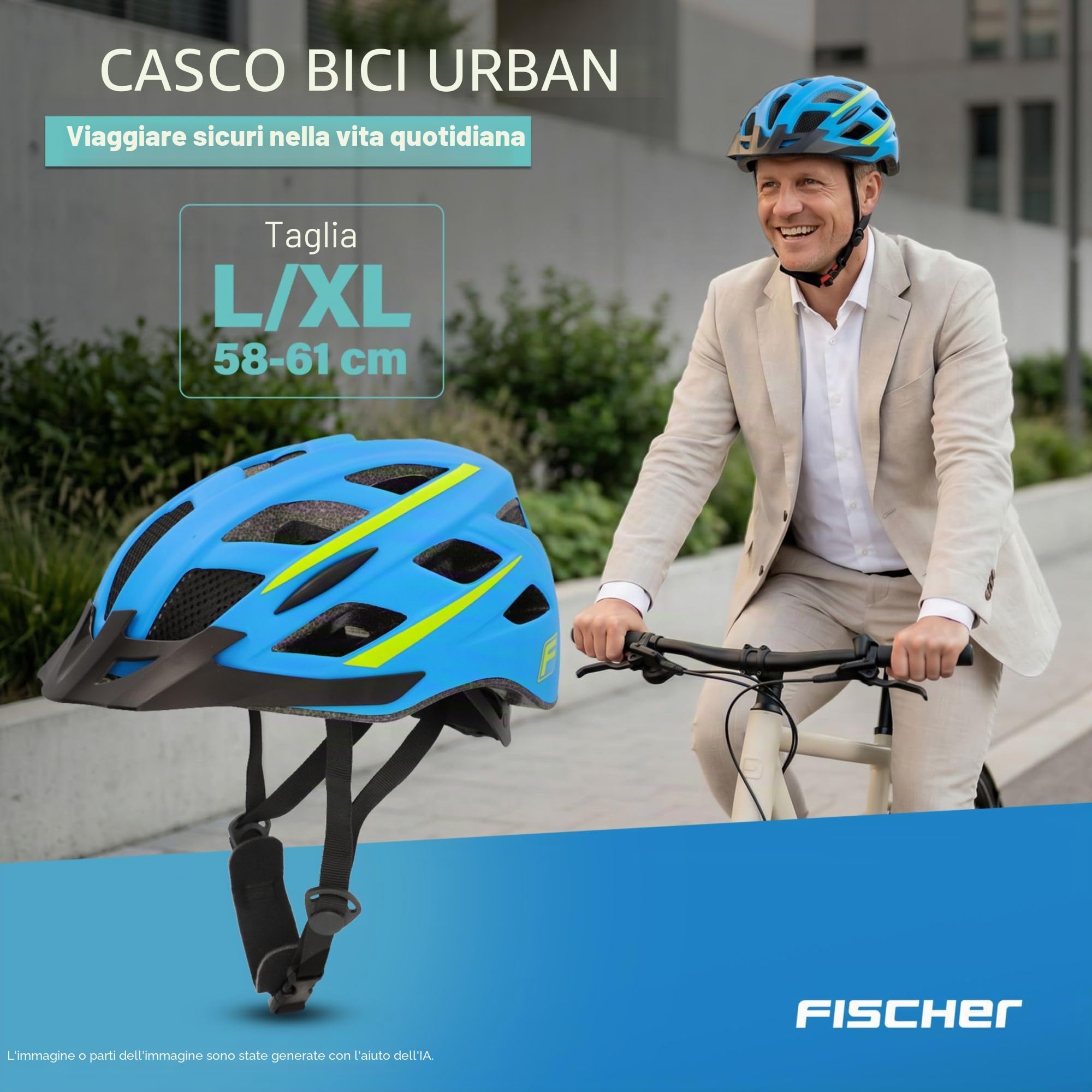 Fischer 50454 Urban - Casco da bicicletta, Con anello interno regolabile e illuminato, Certificato Ökotest, Guscio interno in EPS, Unisex - Adulti, Blu, L/XL (58-61 cm)