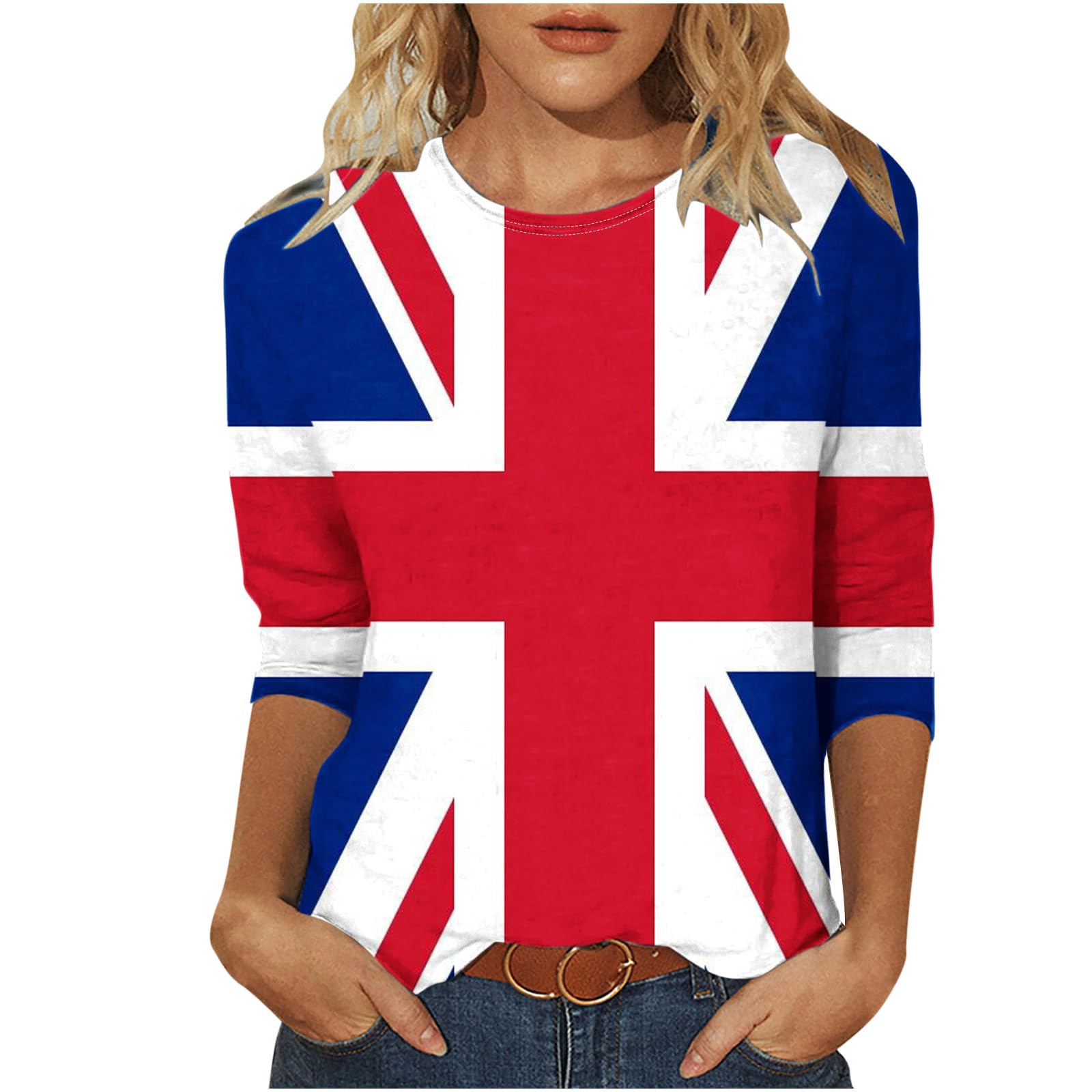 T-shirt graphique à manches 3/4 pour femme - Bloc de couleurs - Drapeau Union Jack britannique - T-shirt décontracté à motif géométrique - Pull à manches trois quarts - Hauts longs - Tailles S à 3XL