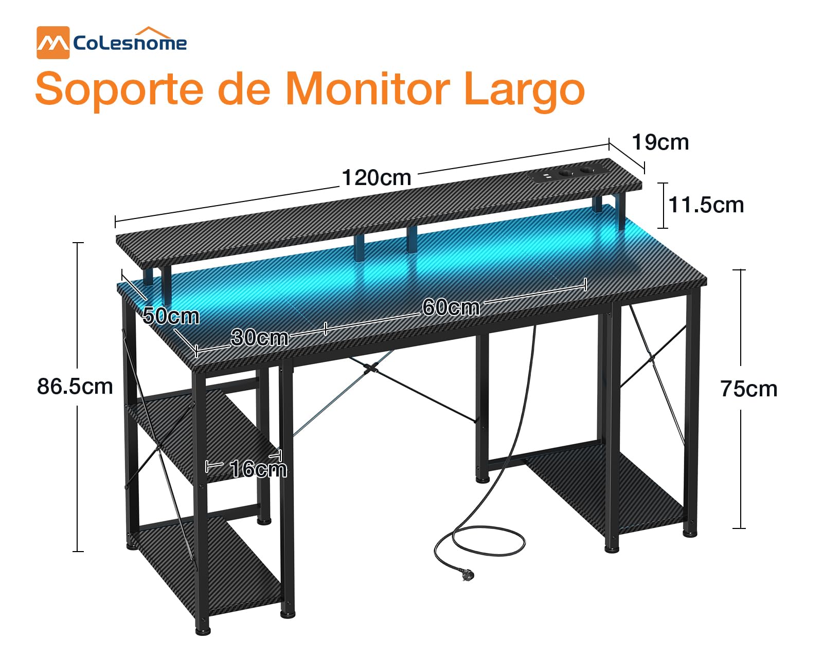 Coleshome Escritorio Gaming con LED, 120x50cm Mesa Gaming con 2 Enchufes y 2 Puertos USB, Escritorios Ordenador con Estantería para Oficina en Casa, Fibra de Carbono Negra