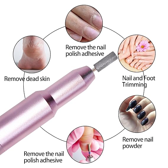 Nail Drill Kit Electric Rechargeable Set Cordless Nail Art Grinding Machine Compact Professional Nail File for Gel Manicure Pedicure Polishing Tool Household,Nail Removal Machine (Metallic Pink)