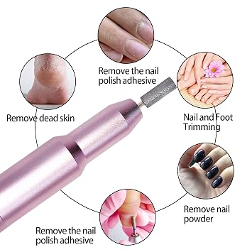 Nail Drill Kit Electric Rechargeable Set Cordless Nail Art Grinding Machine Compact Professional Nail File for Gel Manicure Pedicure Polishing Tool Household,Nail Removal Machine (Metallic Pink)