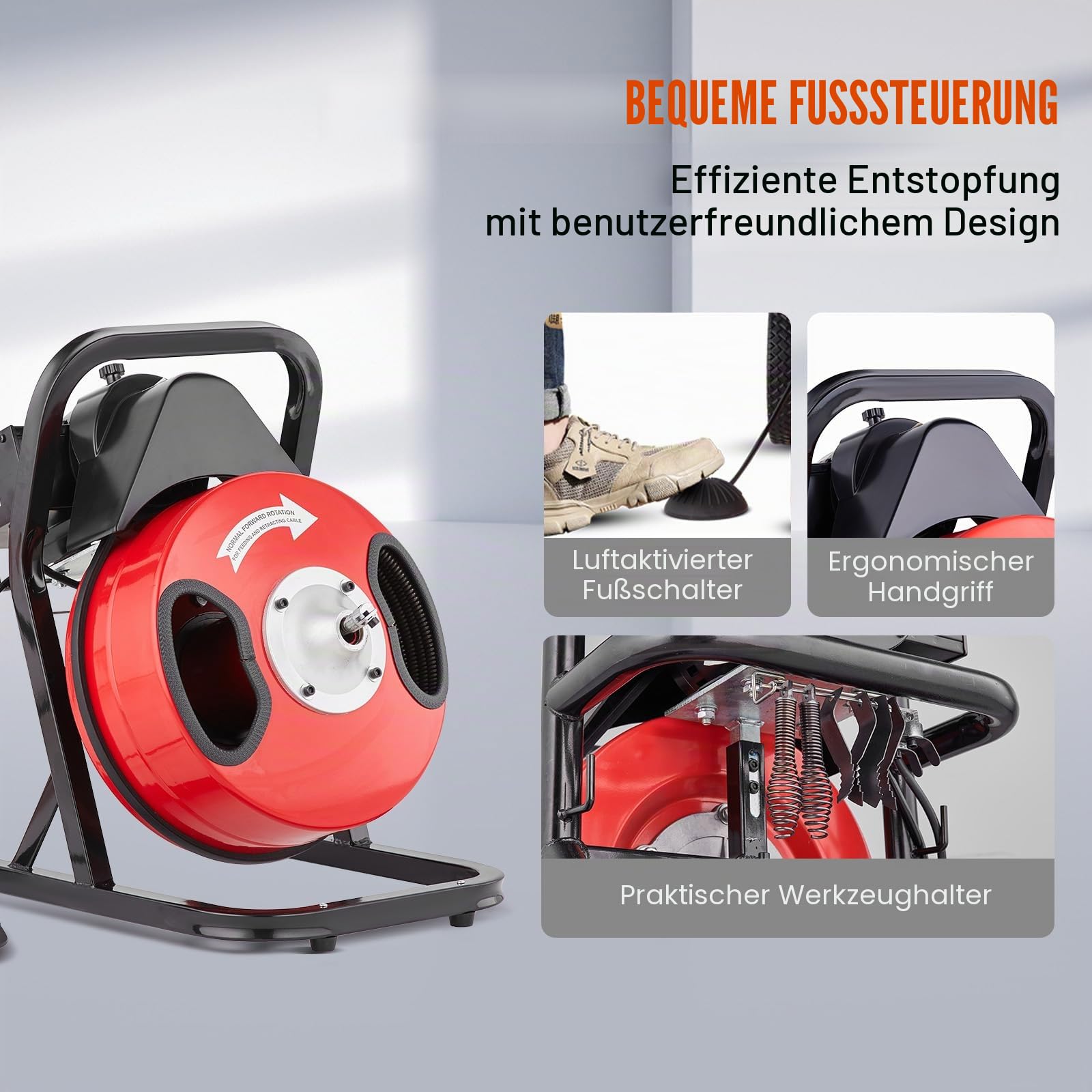 VEVOR Rohrreinigungsmaschine 50 FT x 1/2 Zoll, manuelle Rohrreinigungsspirale – mit 4 Schneidern und luftaktiviertem Fußschalter für 2 bis 4 Zoll Rohre